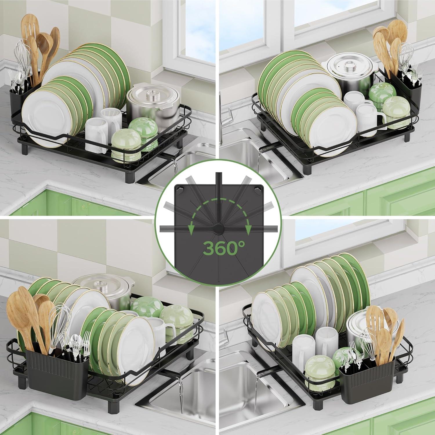 COAHAHA Compact Black Stainless Steel Dish Drying Rack - Rust Resistant, Space Saving With Fast Auto Drainage