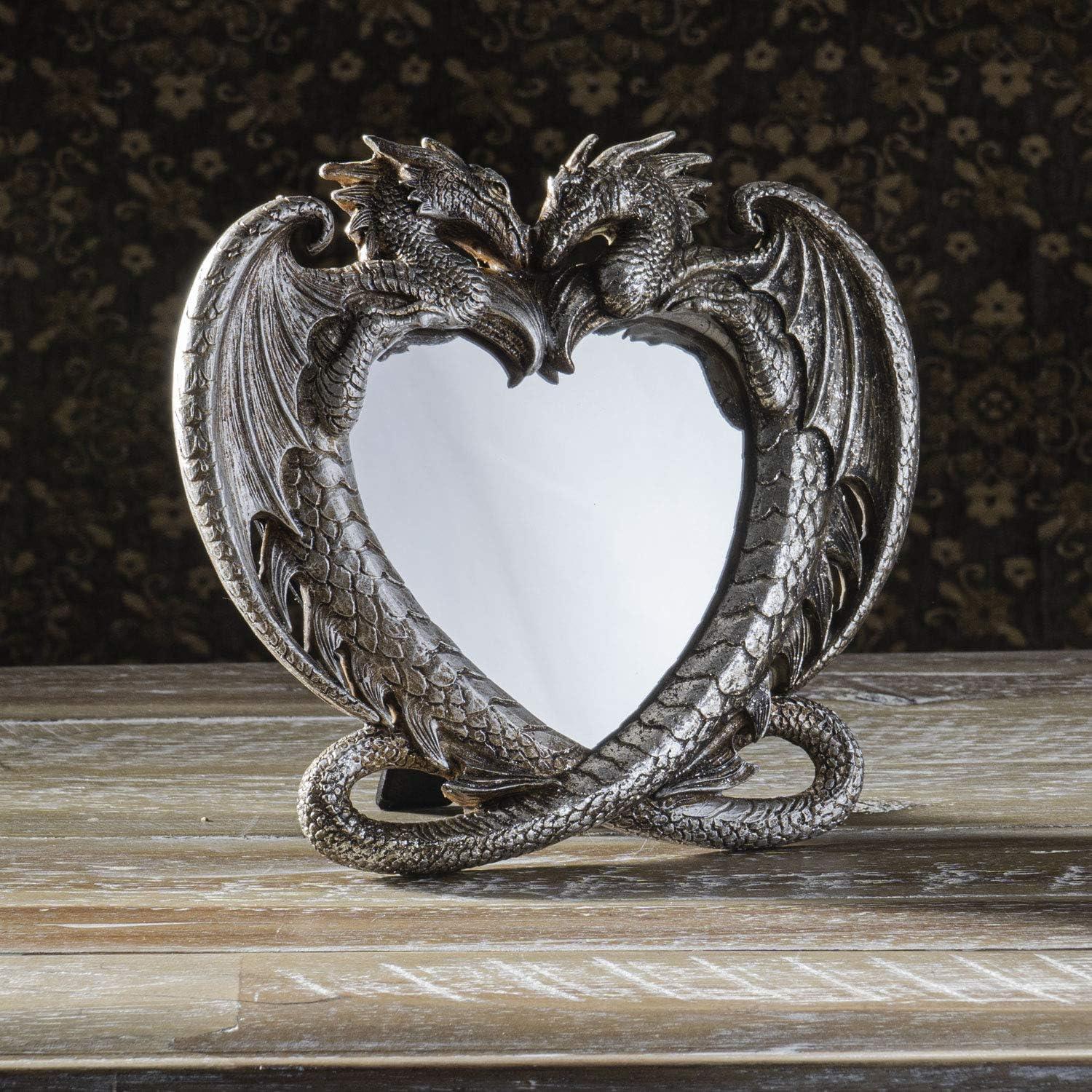 Pacific Trading Gothic Heart Shaped Dragon Mirror, Collectible Medieval Home Accent Décor Resin Piece for Wall or Tabletop Shelf, 6.3 x 5.91 Inches, PTC-14052