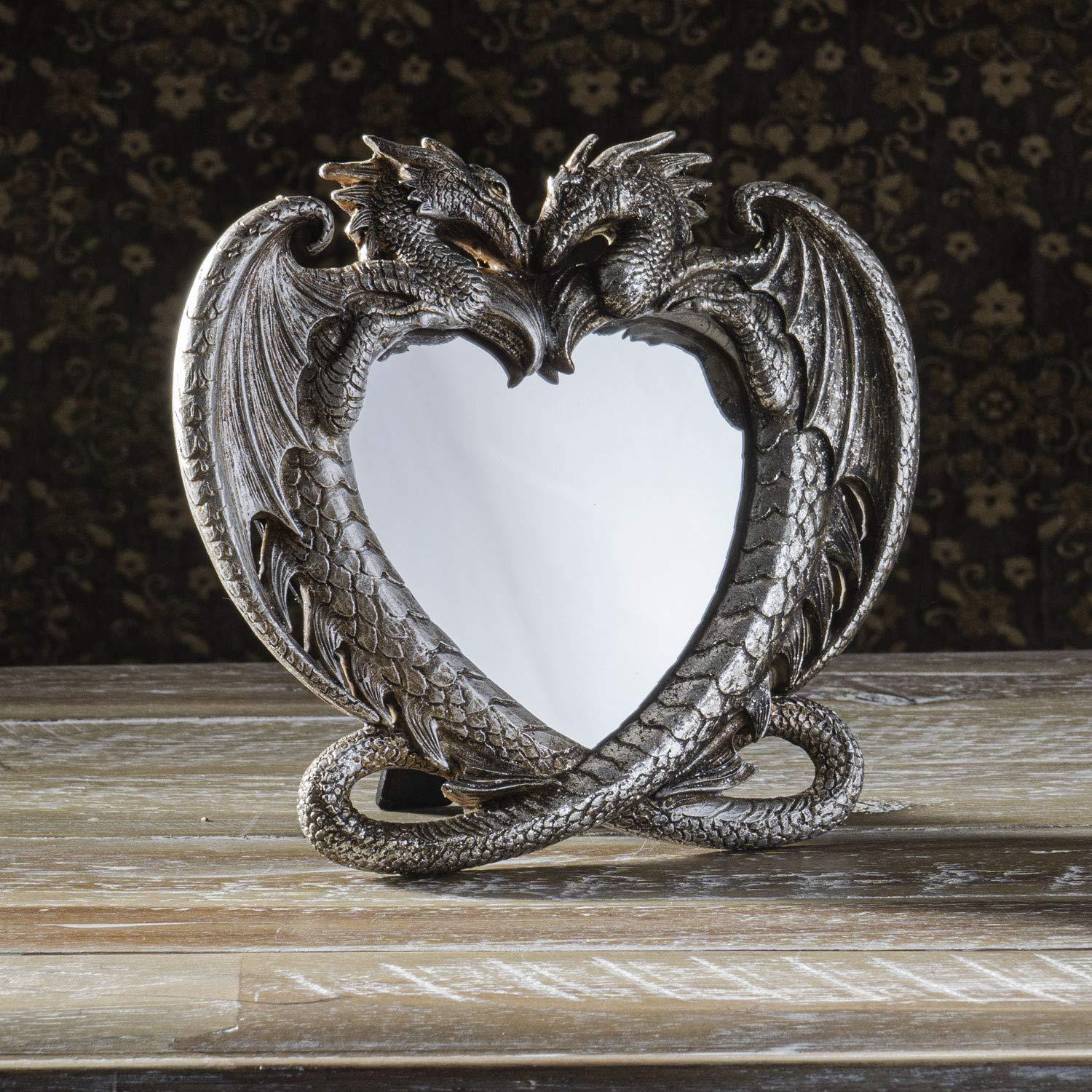 Pacific Trading Gothic Heart Shaped Dragon Mirror, Collectible Medieval Home Accent Décor Resin Piece for Wall or Tabletop Shelf, 6.3 x 5.91 Inches, PTC-14052