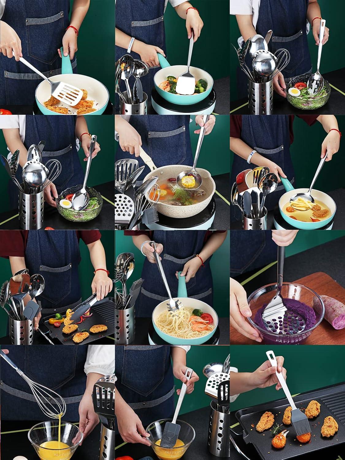 ReaNea Cooking Utensils Set Stainless Steel 37 Pieces Kitchen Utensils Set Kitchen Tool Gadgets with Hooks for Hanging