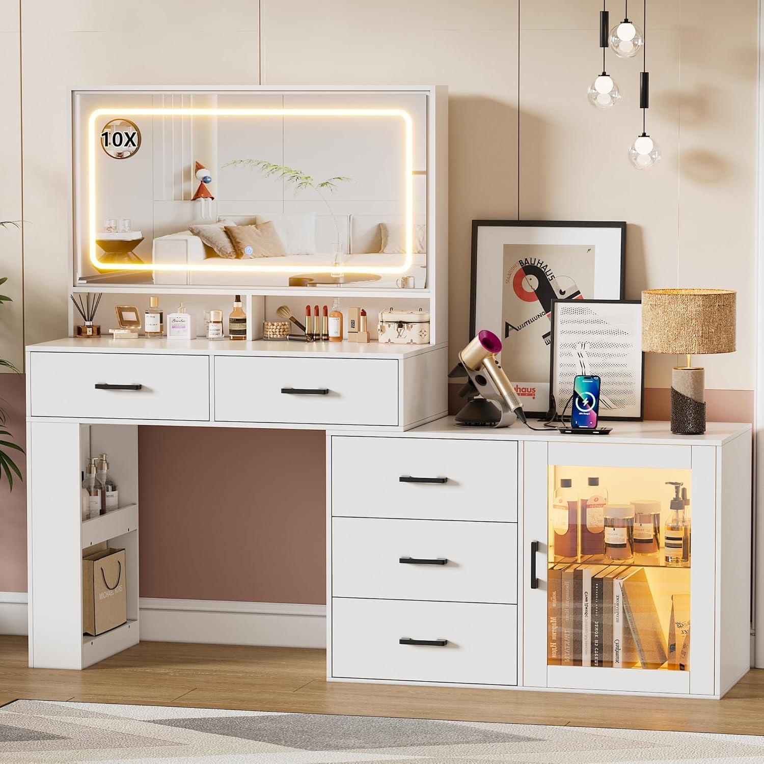 PAKASEPT Vanity Desk with Mirror and Lights, Corner Makeup Table with 3 Color Lighting, White Vanity with Power Strip & Hooks, Hidden and Open Shelves, Adjustable Brightness, 47.2 Inch