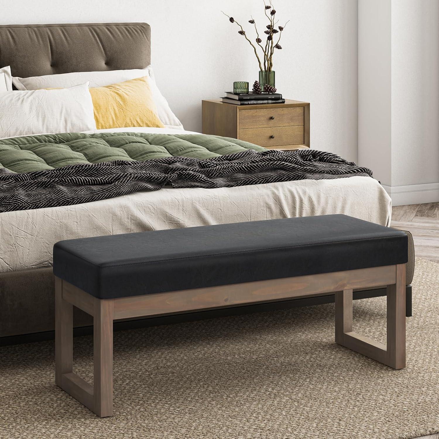 Simpli Home Milltown Ottoman Bench with Upholstered Seat and Solid Wood Frame