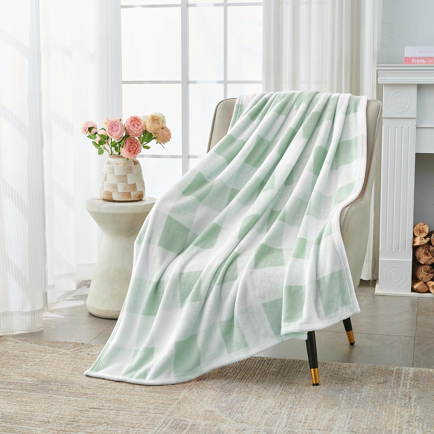 Mellowdy Checkered Flannel Throw Blanket (Iceberg Green, 50x60 inches) - Farmhouse, Vintage