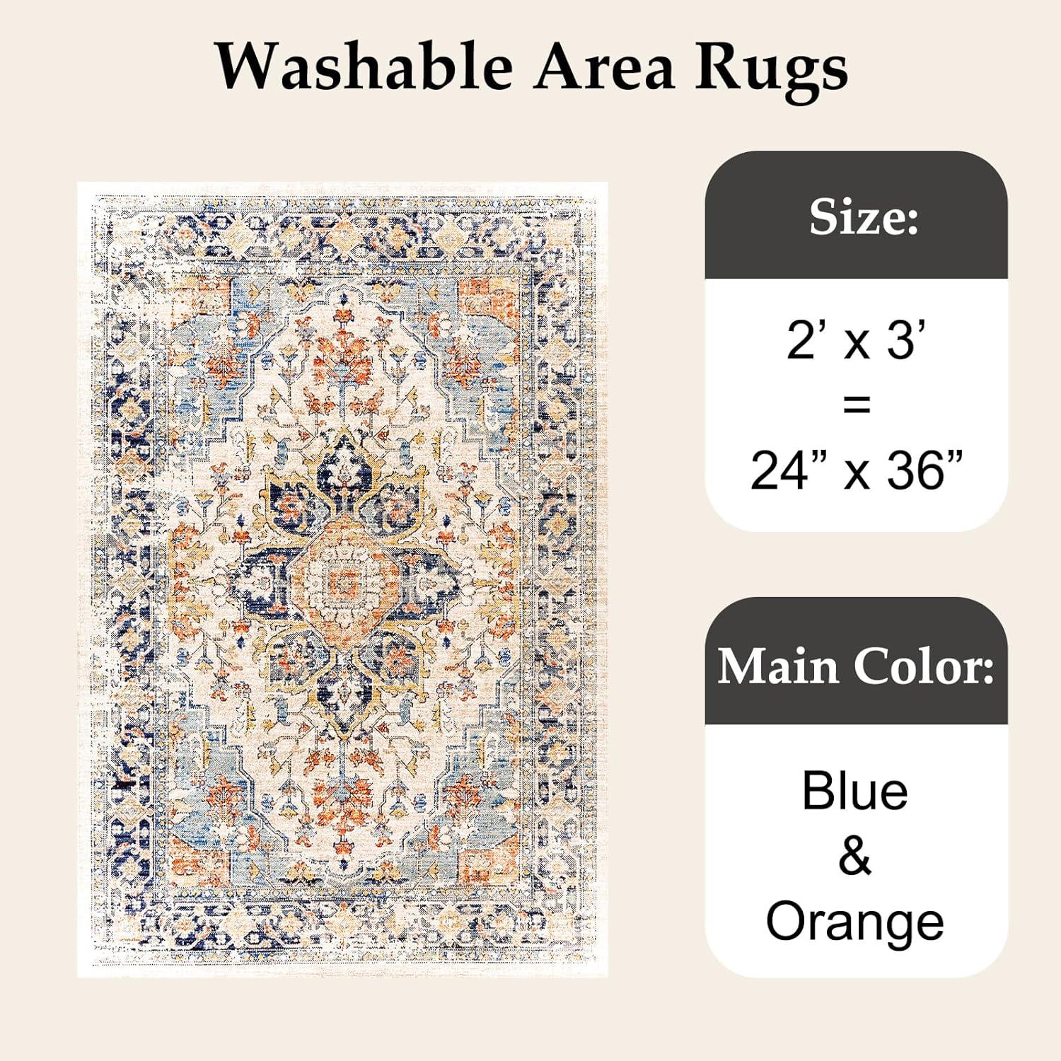 VK VK·LIVING 9x12 Area Rug Washable Rugs for Living Room Rug Vintage Design Boho Rug with Non Slip Living Room Rug Bedroom Carpet Stain Resistant, Home Decor, Blue&Orange