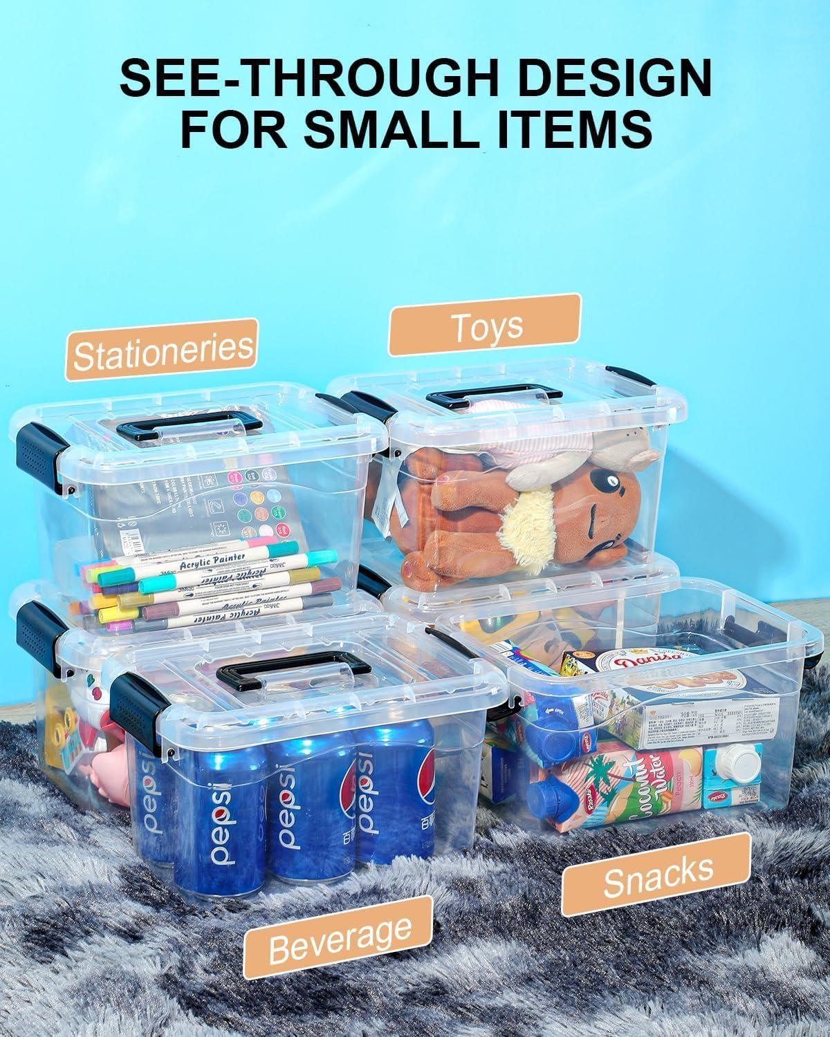 Plastic Storage Bins 7 Quart-Storage Organizer Bins with Black Buckle Lids, Stackable Storage Bins with Lids for Home Office Kids Room Closet School Art Supplies Organization,6 Packs, Clear