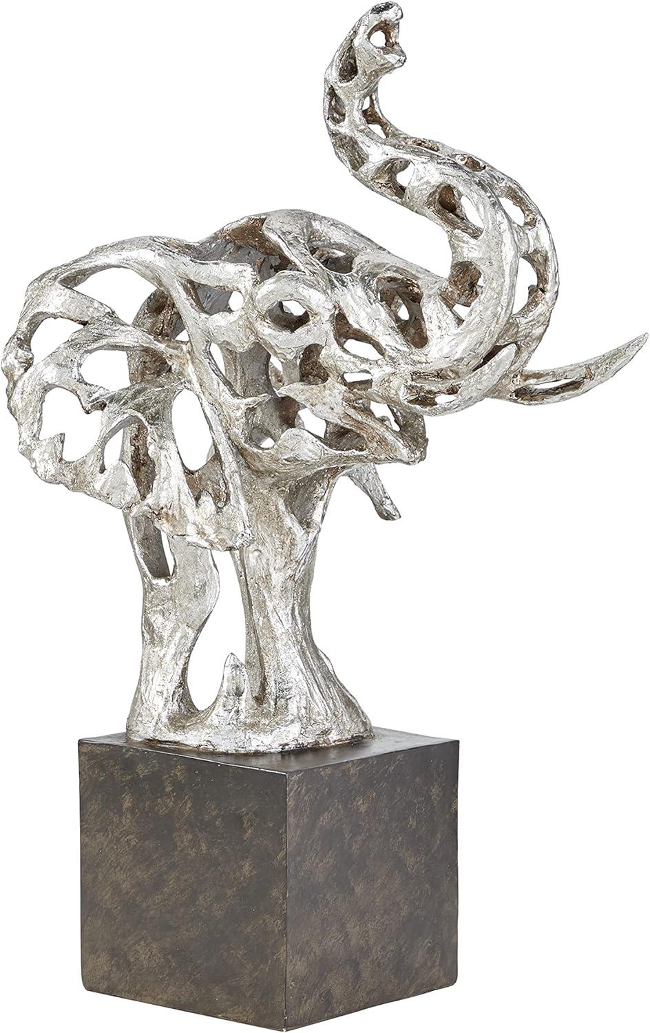 DecMode 15"W, 25"H Polystone Eclectic Elephant Sculpture, Silver