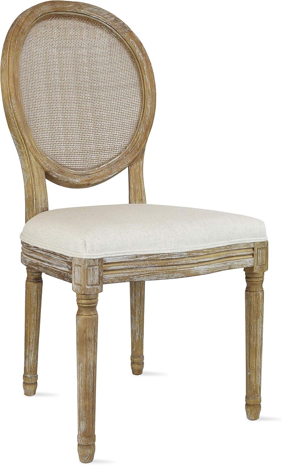 2xhome - French Chic Vintage Style Dining Side Chair With Upholstered Linen Welted Fabric And Elegant Natural Rustic Wood Frame - Rattan Wicker Oval Back, Set of 1, 1 piece