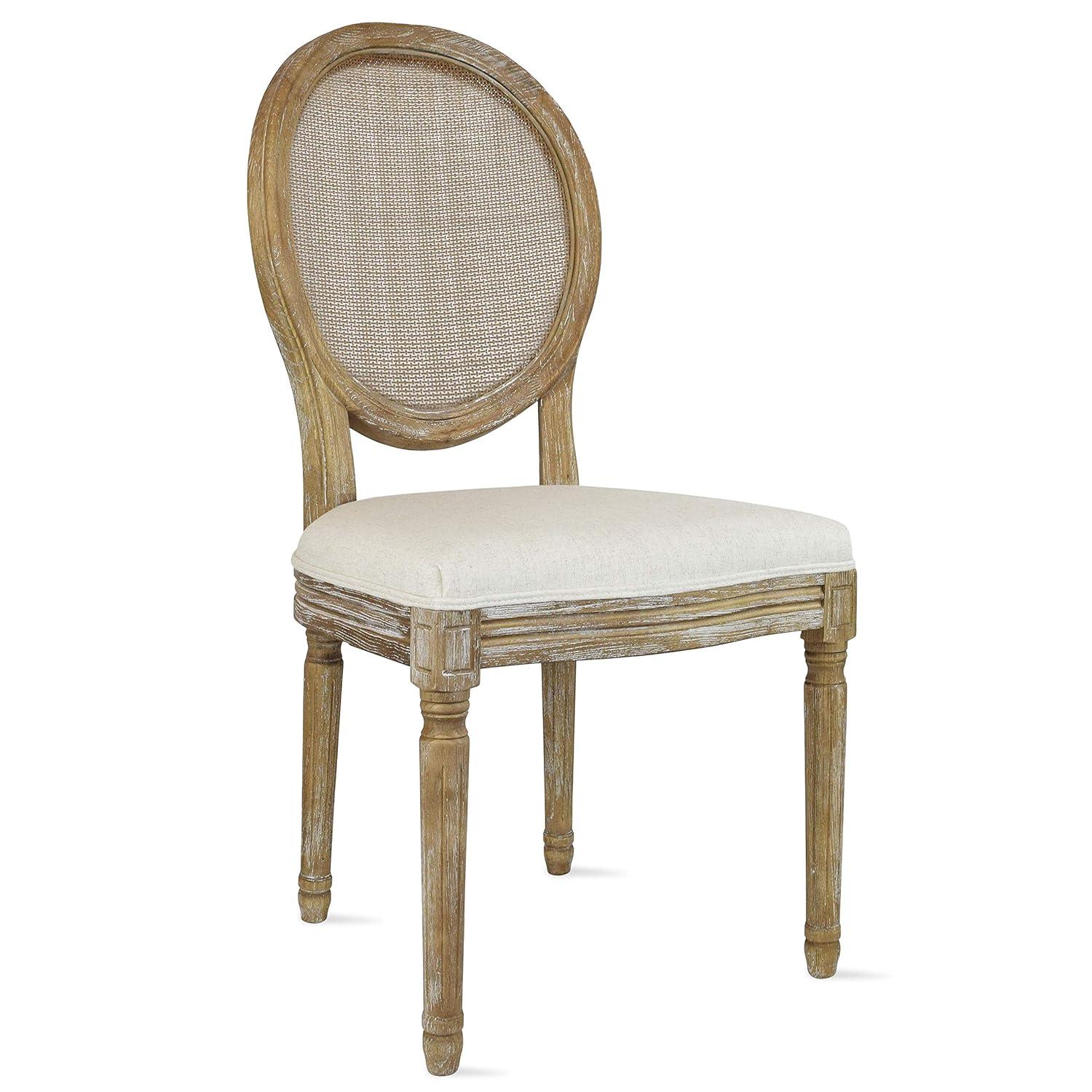 2xhome - French Chic Vintage Style Dining Side Chair With Upholstered Linen Welted Fabric And Elegant Natural Rustic Wood Frame - Rattan Wicker Oval Back, Set of 1, 1 piece
