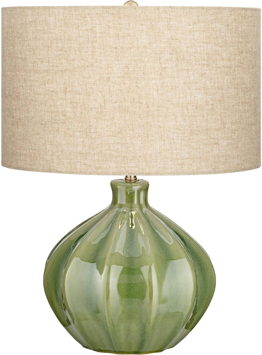 Handcrafted Ribbed Green Ceramic Table Lamp with Oatmeal Drum Shade