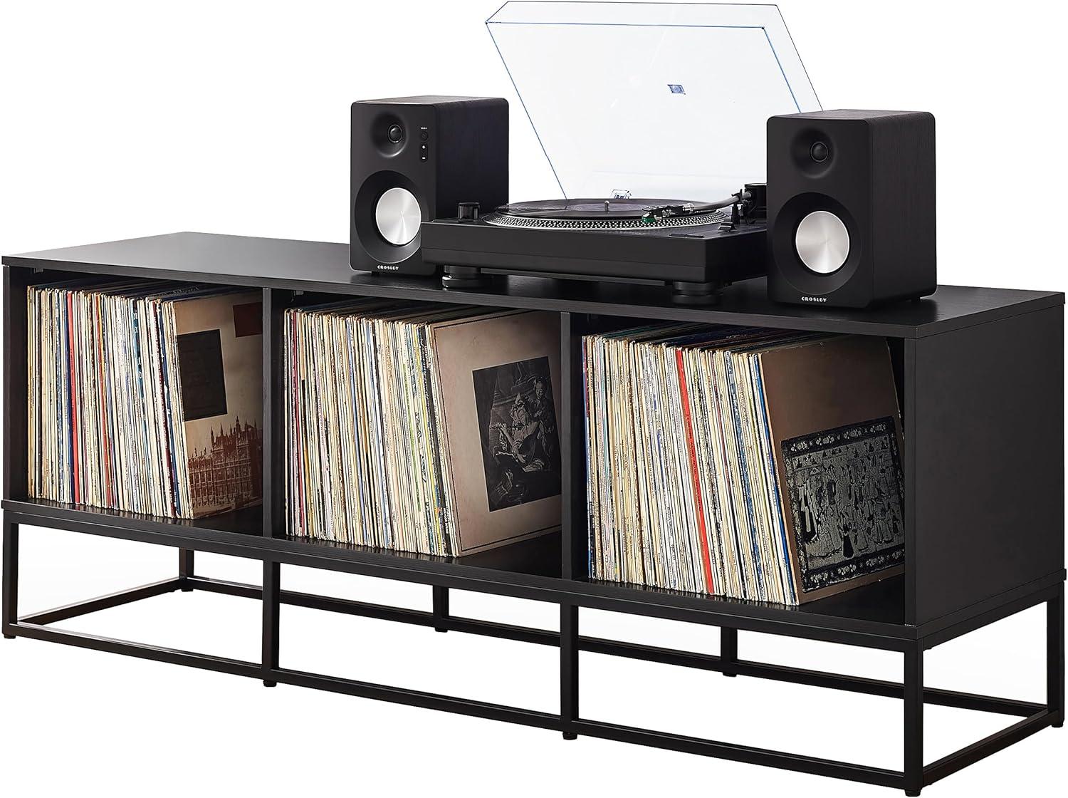 Crosley 60" Enzo Large Record Storage Media Console Black: Modern Industrial Style, Melamine Veneer, Steel Legs