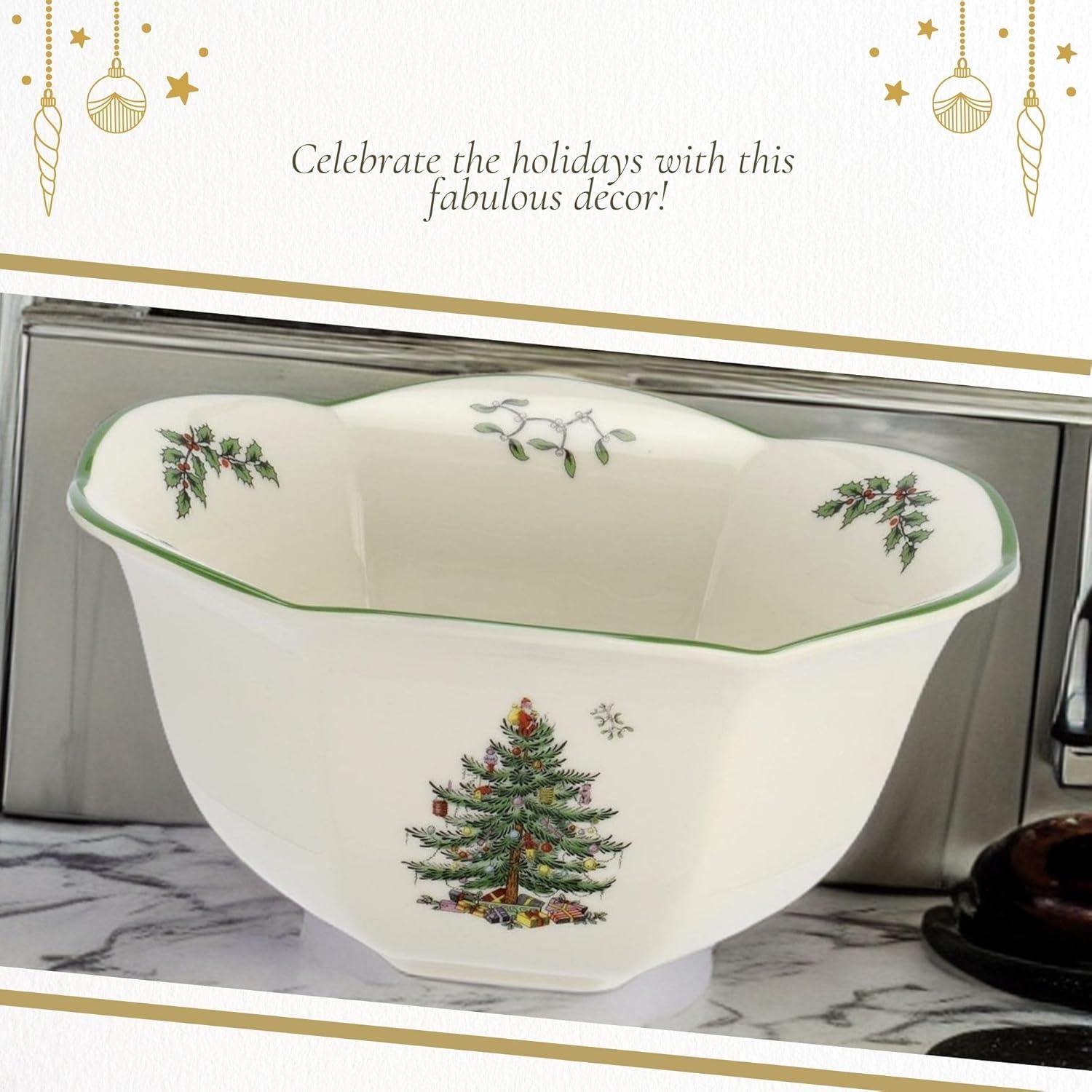 Spode Christmas Tree Hexagonal Nut Bowl, 7 Inch Decorative Bowl for Nuts, Candy and Christmas Treats