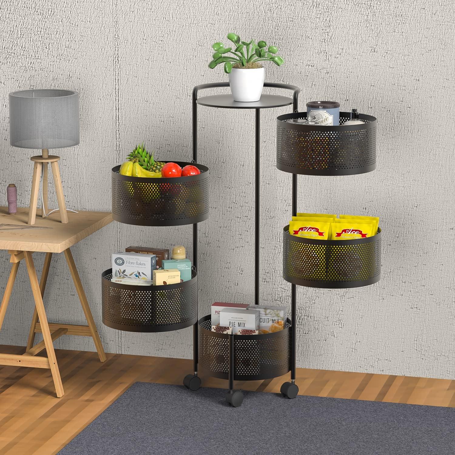 Jaq 5-Tier Black Metal Rotating Kitchen Storage Rack with Casters