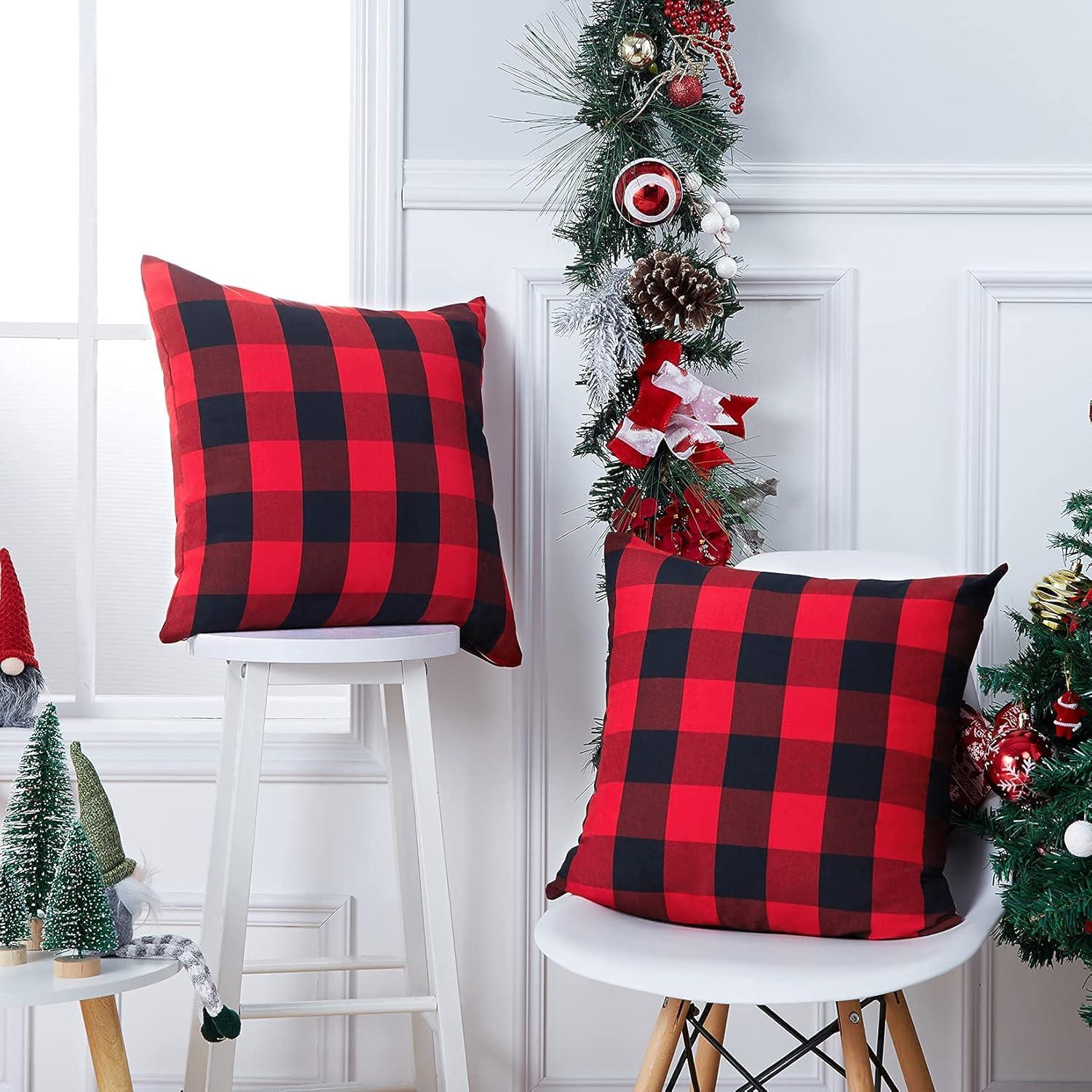 2 Pack Christmas Pillow Covers Buffalo Check Plaid Throw Decorative Cushion Case Polyester for Farmhouse Home Decor Red and Black, 18" x 18"