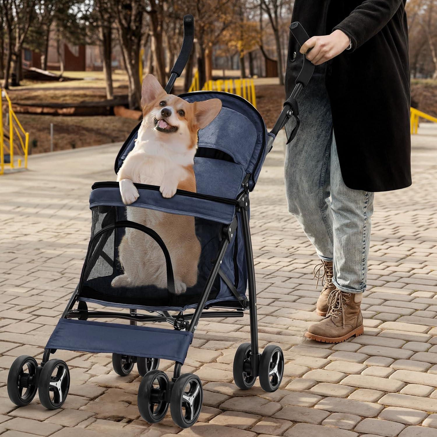 MoNiBloom 4 Wheel Folding Pet Stroller, Foldable Dog Jogger Stroller with Adjustable Canopy and Mesh Window