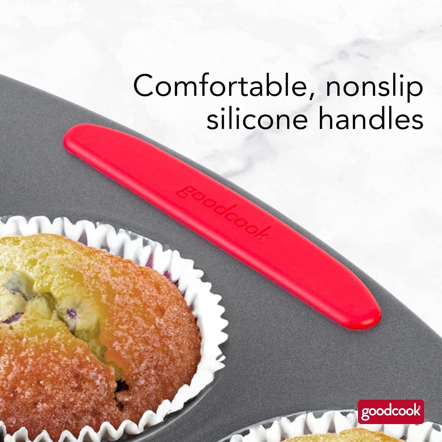 GoodCook MegaGrip 12-Cup Nonstick Steel Cupcake and Muffin Pan with Silicone Grip Handles, Gray