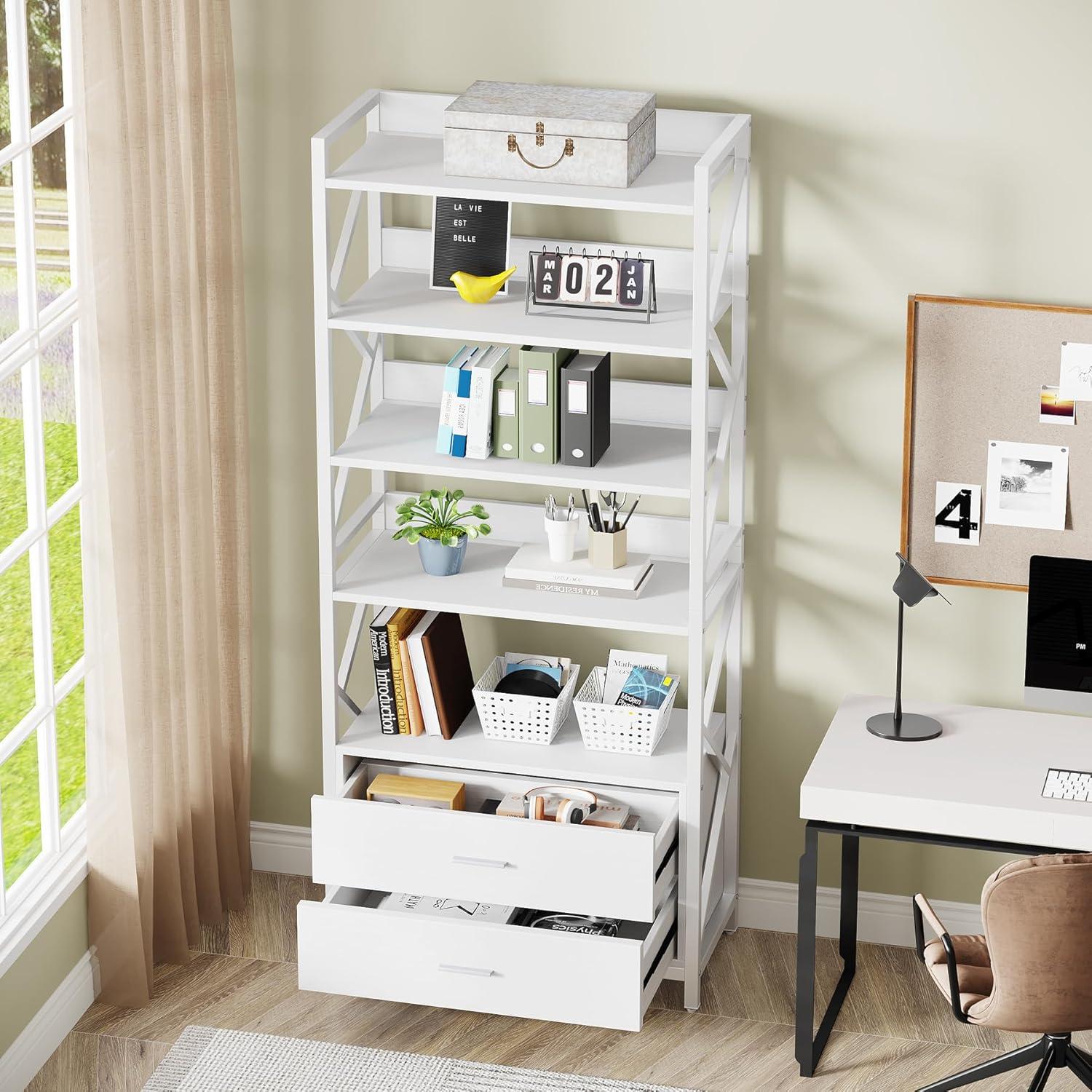 White Industrial 5-Tier Bookshelf with Drawers