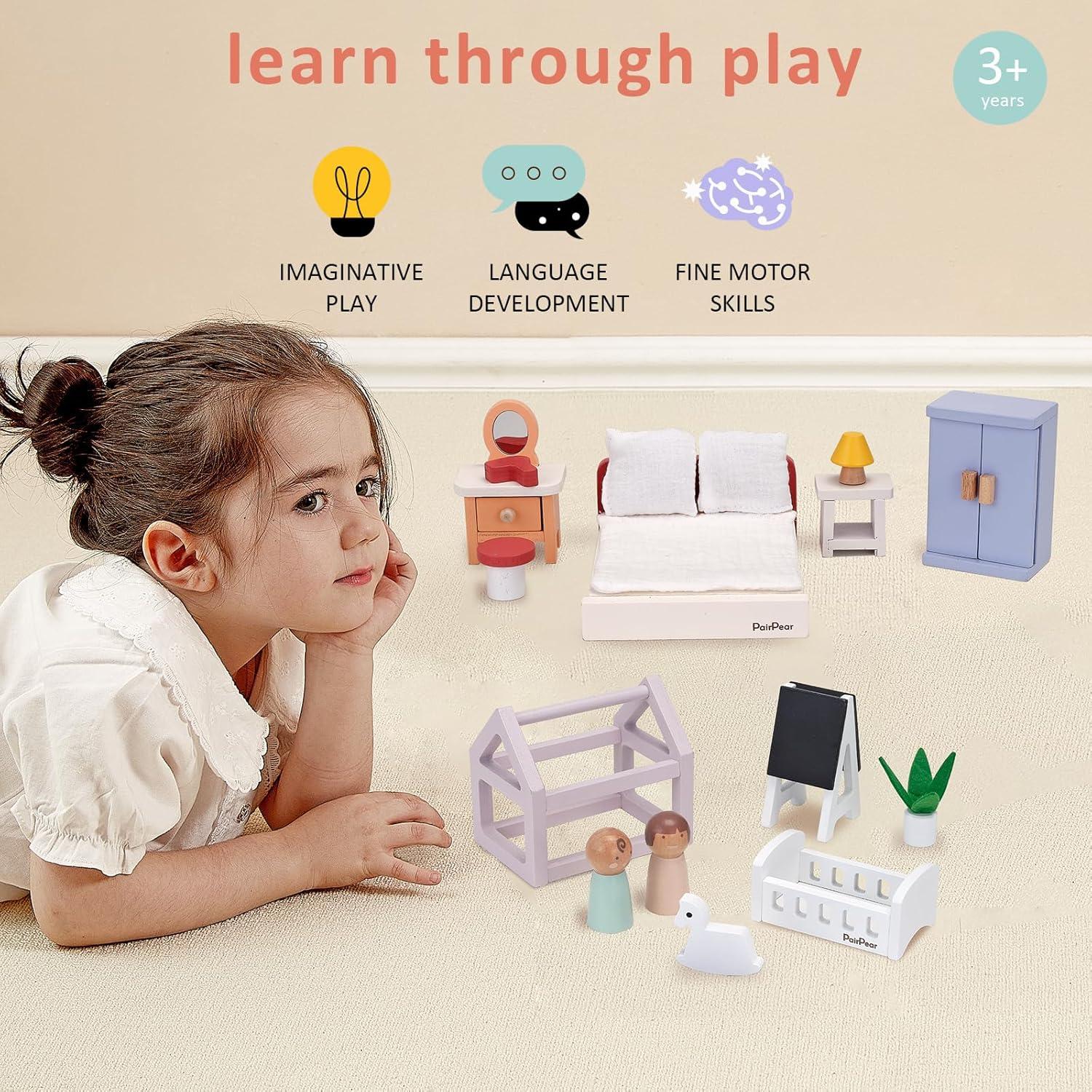 PairPear Wooden Dollhouse Furniture Set,56 Pieces Doll Furnitures with 5 Room Kits Play Fingers,Doll House Miniature Furniture Pretend Play Toys Gift for Toddler Boys and Girls 3Y+