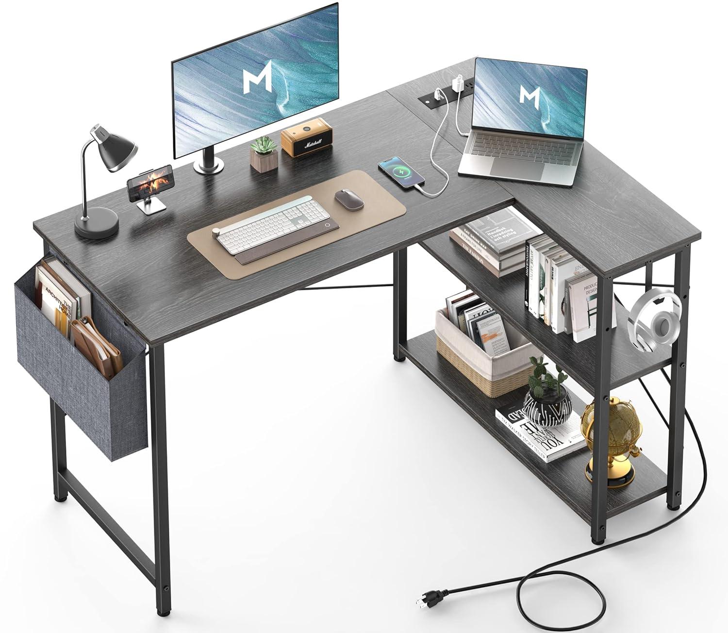 Mr IRONSTONE L Shaped Desk with Outlets & USB Ports, Reversible 47 Inch Office Desk, Corner Desk for Small Space, Home Office Desk with Storage Bag & Hook, Black