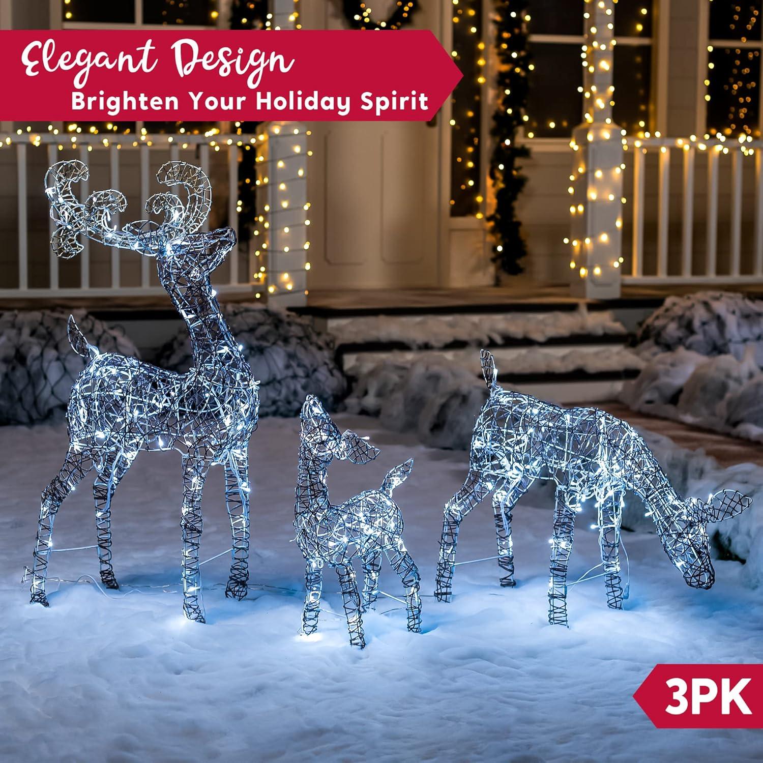 Joiedomi 3 Packs Christmas Decoration Deer Family, 185 LED Lighted Rattan Reindeers Yard Lights, Christmas Outdoor Decorations for Yard Garden Lawn, Xmas Decor, Cool White Deer