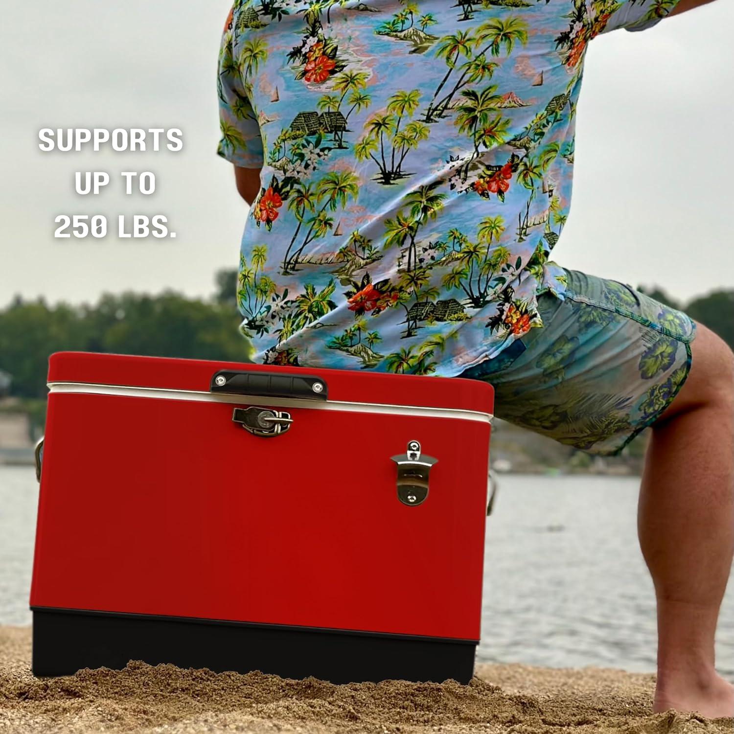 FSE Retro Metal Cooler, 80 Can/54 Qt. Capacity, Hard-Sided, Two Tone, Holds Up to 80 Beverage Cans, Metal Construction with Plastic Lining