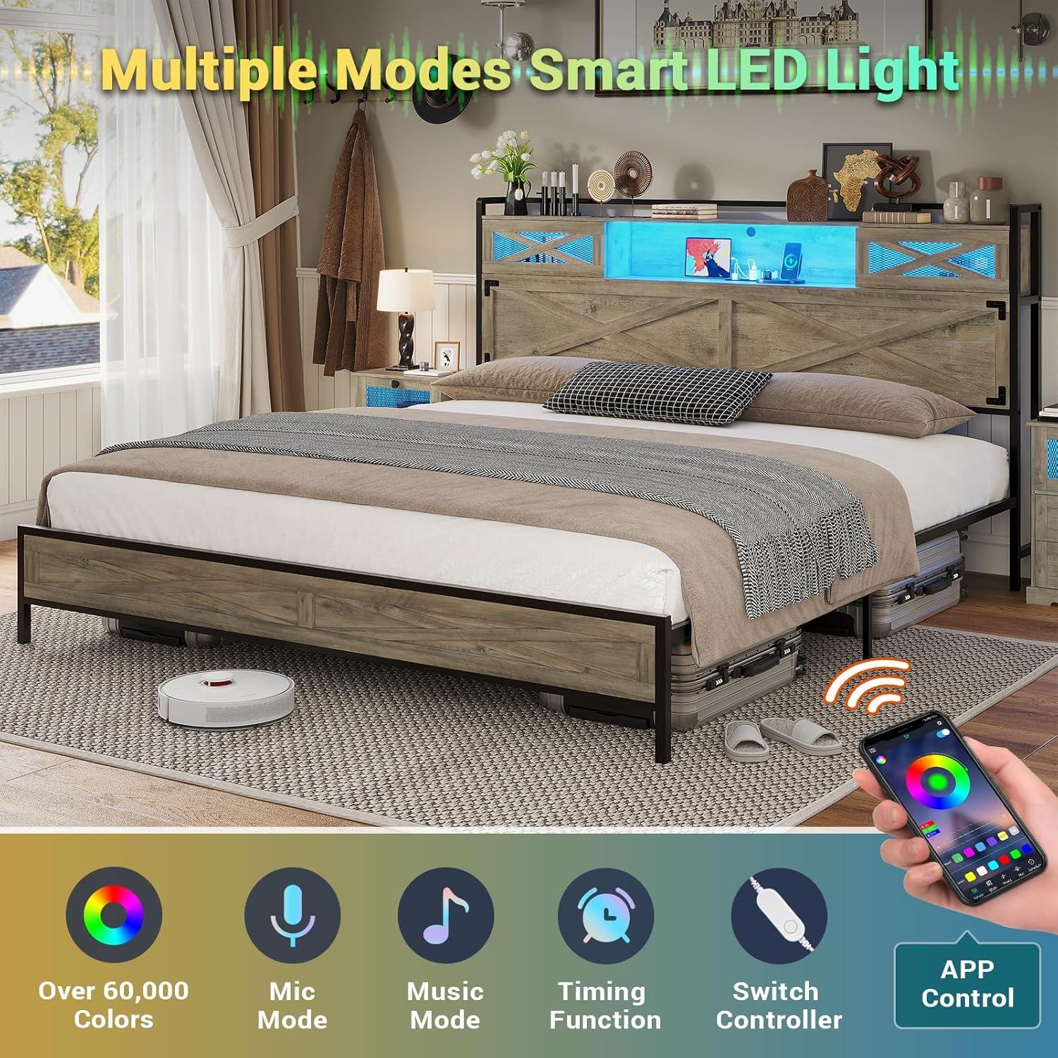 Hasuit King Bed Frame with Storage Headboard, Platform Bed King Size with Charging Station and LED Lights, Farmhouse Rustic Bed with Sliding Barn Door, Rustic Oak