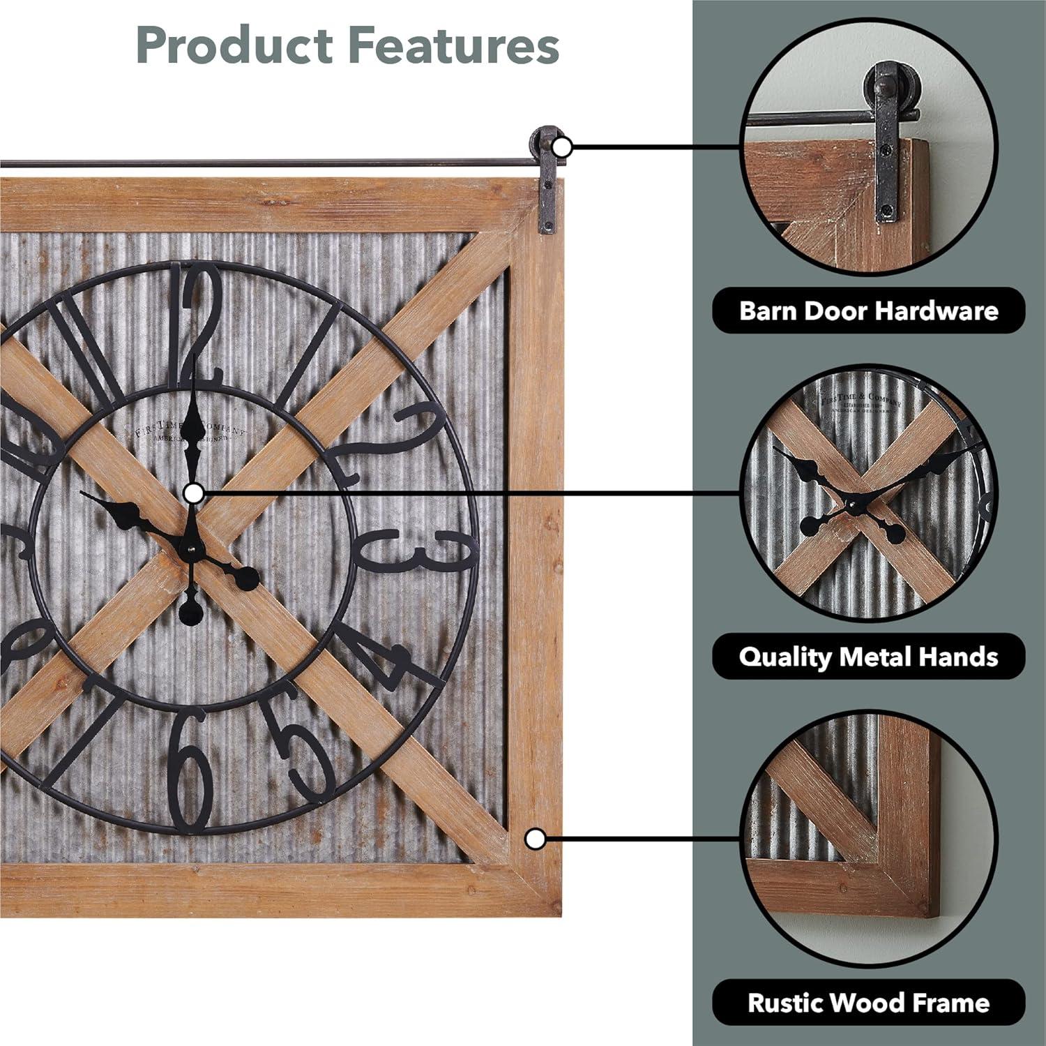 FirsTime & Co. Brown And Silver Fieldhaven Barn Door Wall Clock, Farmhouse, Analog, 27 x 2 x 29 in