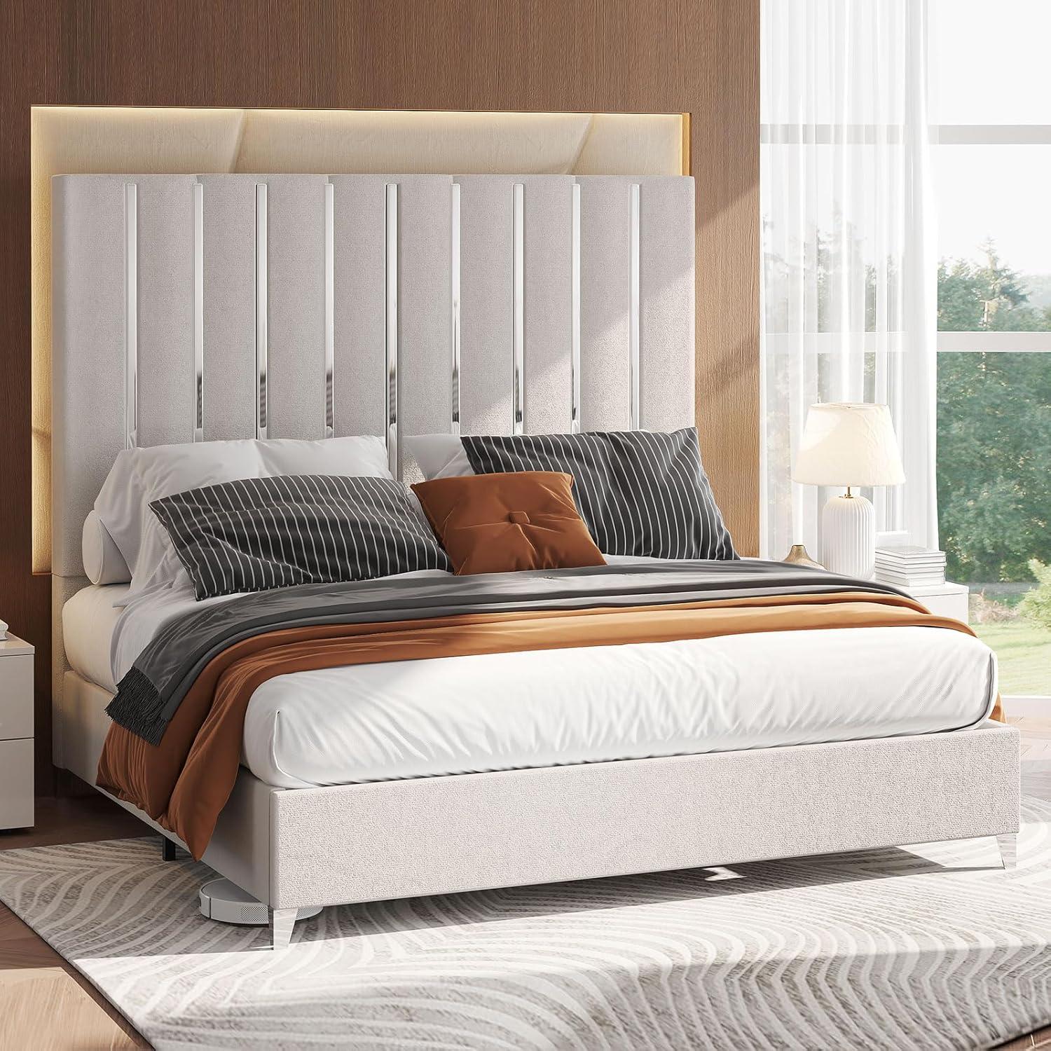 Merluxy Queen Bed Frame with 58" Tall Headboard,Silver Plating Trim,Velvet Upholstered,Cream