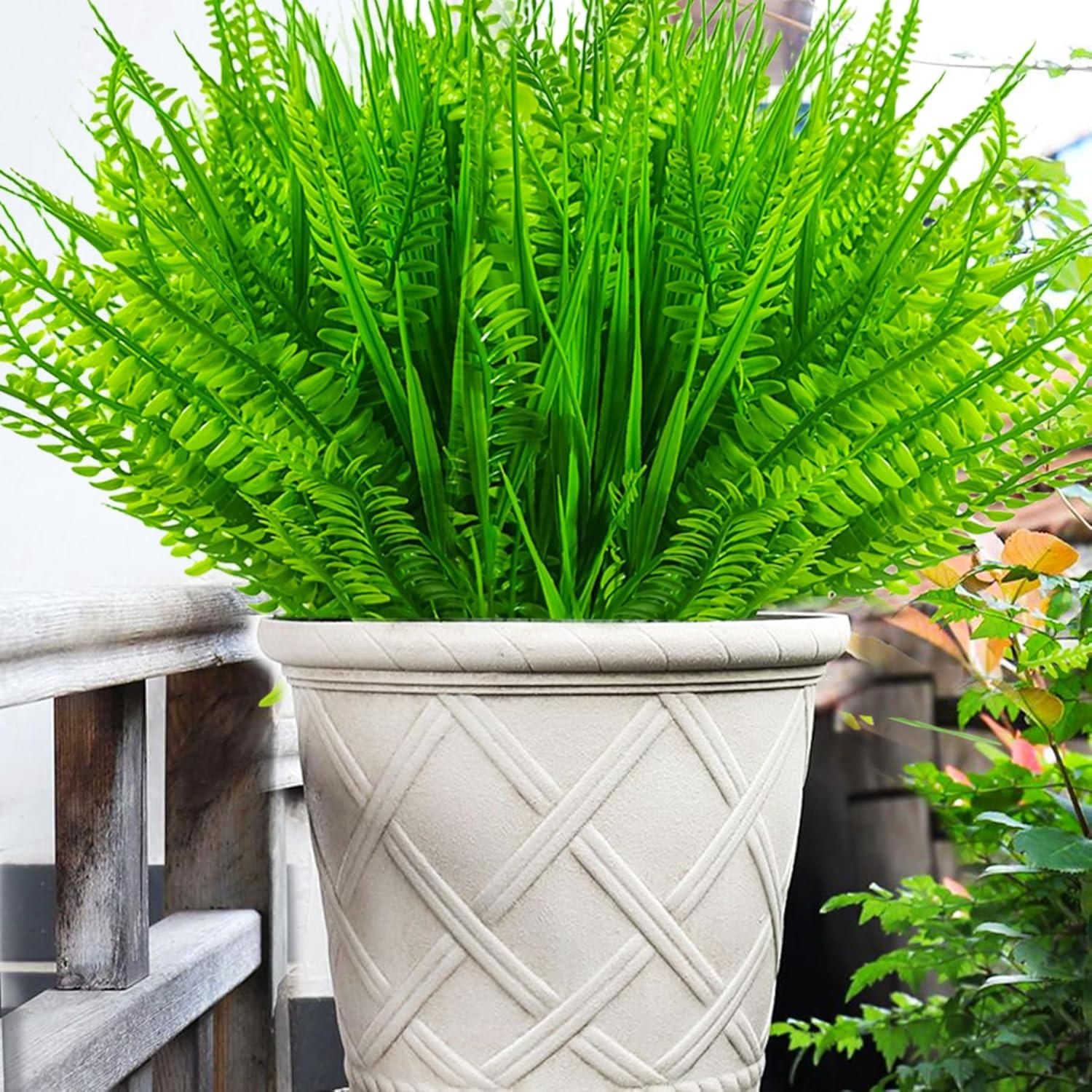 12 Bundles Artificial Ferns for Outdoors Fake Boston Fern Large Greenery Plants UV Resistant Faux Plastic Plants Shrubs for Garden Front Porch Window Box Indoor Outdoor Decoration