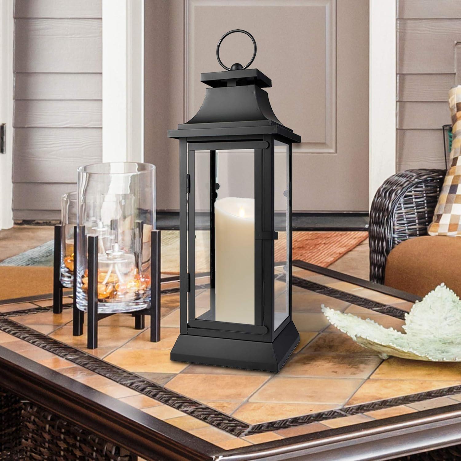 Small Black Iron Hurricane Lantern with Clear Glass Panels