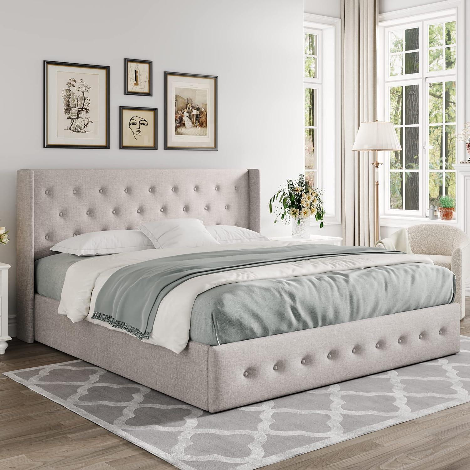 Queen Size Upholstered Wood Frame Bed with Lift Up Storage and Tufted Headboard