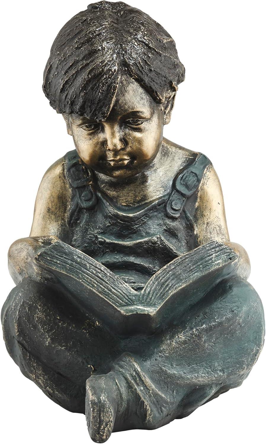 Alpine Corporation 16" Polyresin Girl and Boy with Dog Sitting on Bench Sculpture Bronze: Durable Outdoor Decor, Magnesium Oxide, Rust-Resistant