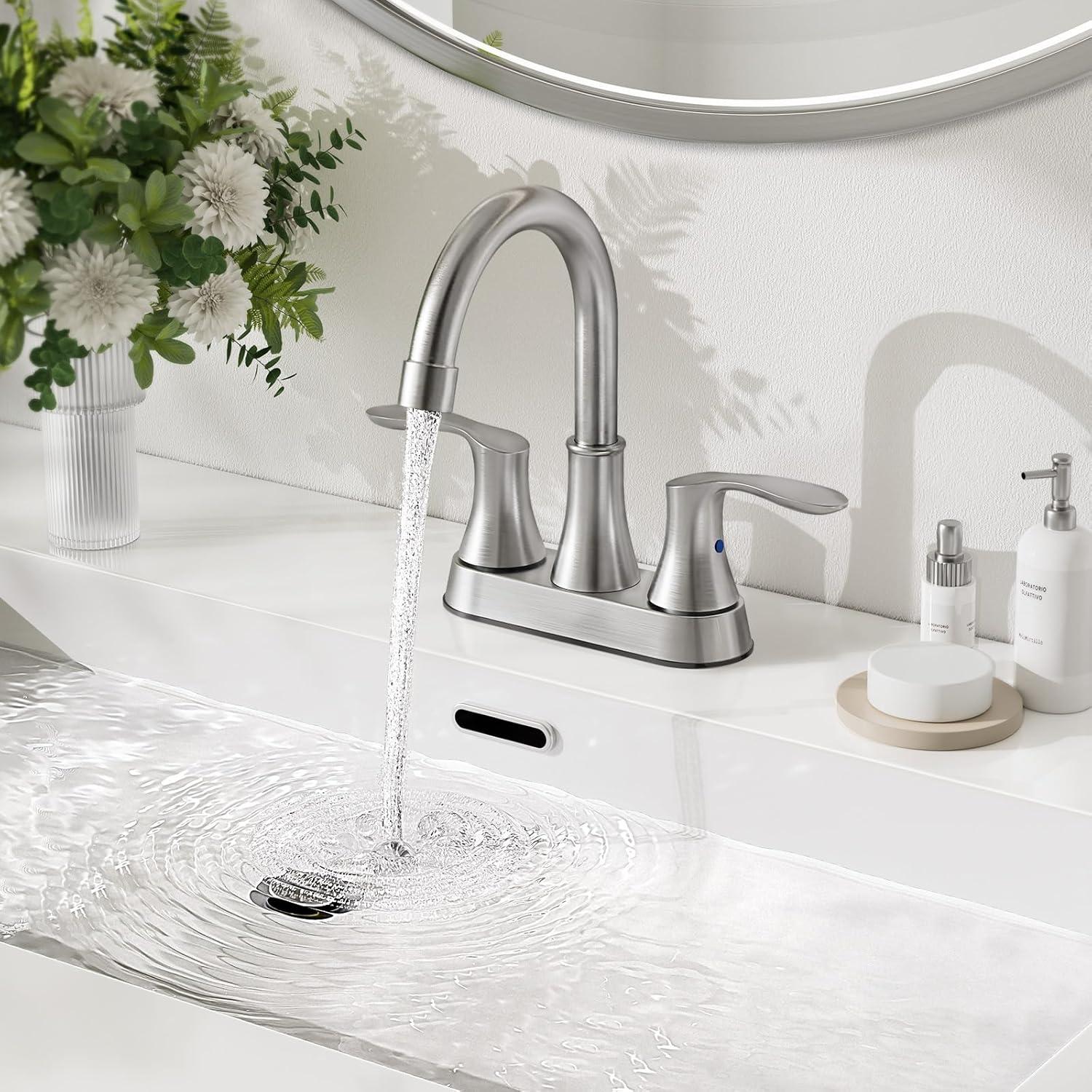 Phiestina 4 Inch 2 or 3 Hole Brushed Nickel Bathroom Sink Faucet RV Swivel 2 Handle Centerset Bath Vanity Faucet, with Water Supply line & Metal Pop-up Drain,TY36-BN