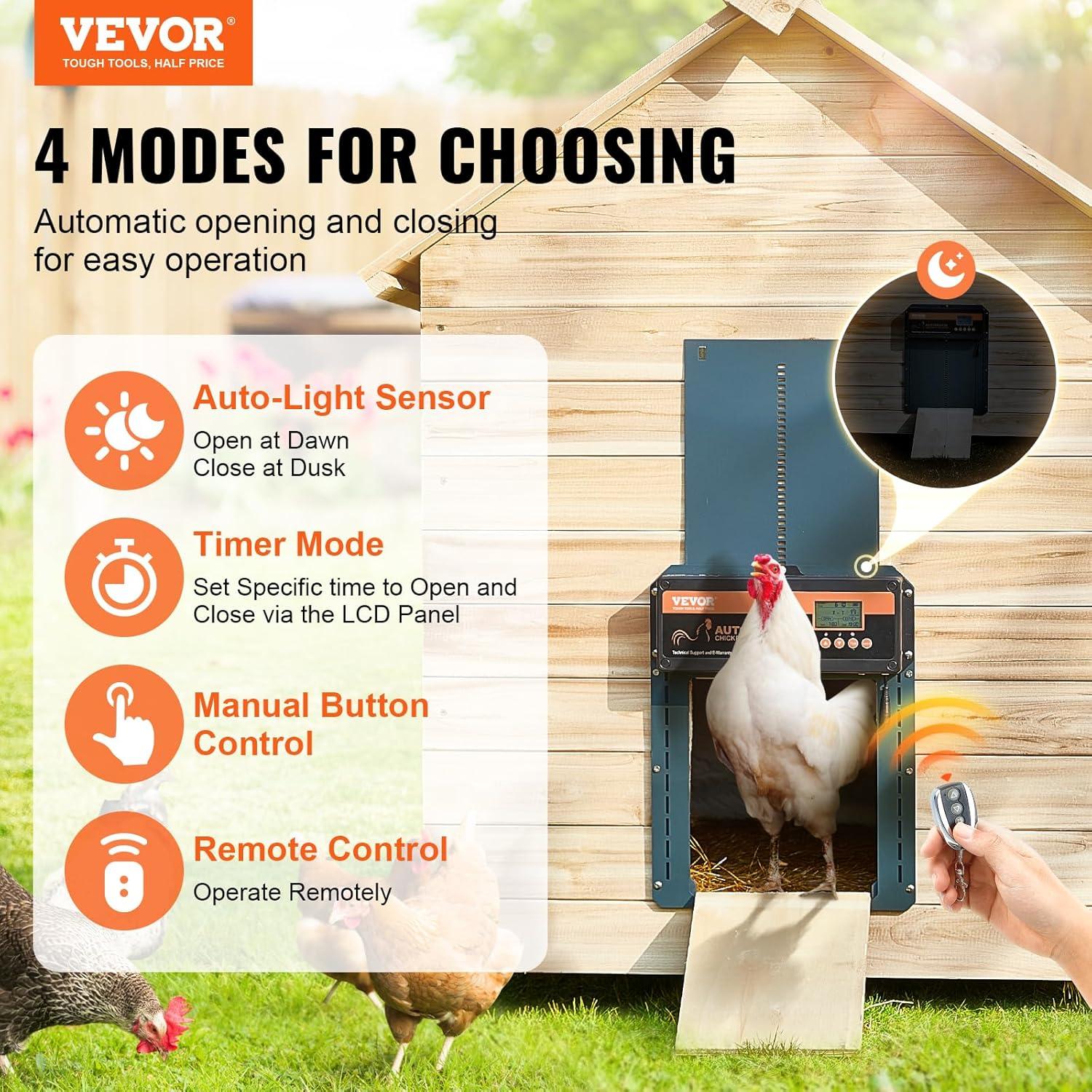 VEVOR Automatic Chicken Coop Door, Auto Chicken Door Opener with Timer & Light Sensor Aluminum Chicken Coops Door with Remote Control and LCD Screen, 4 Modes Opening, Battery or DC Powered