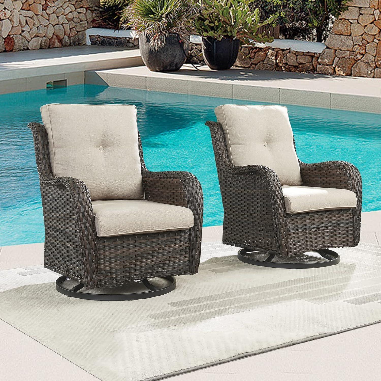 Brown Wicker and Beige Cushion Outdoor Swivel Rocking Chairs