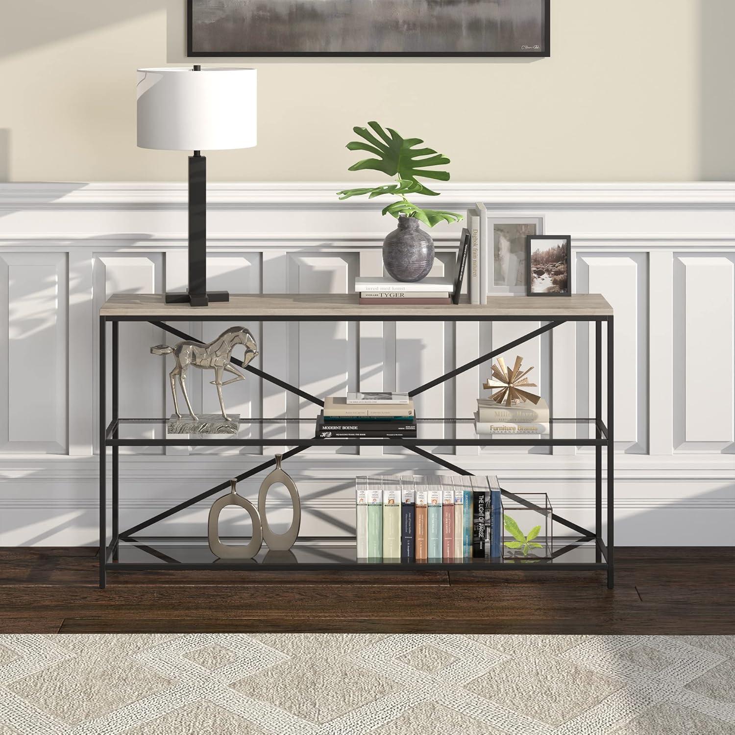 Evelyn&Zoe Fionn 55" Wide Rectangular Console Table, Blackened Bronze/Antiqued Gray Oak