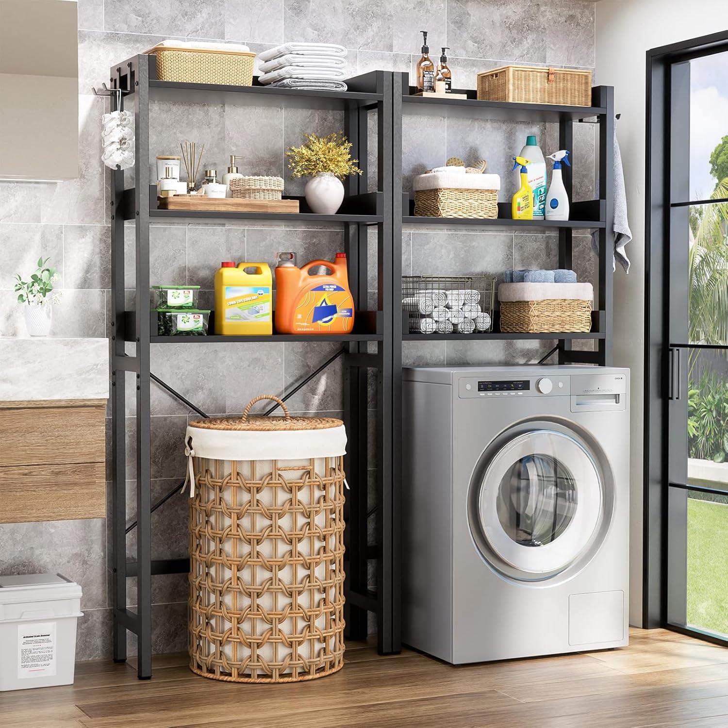 3-Tier Over The Toilet Storage, Space Saver Metal Bathroom Shelves, Freestanding Above Over Toilet Storage Shelf With 4 Hooks For Bathroom, Black