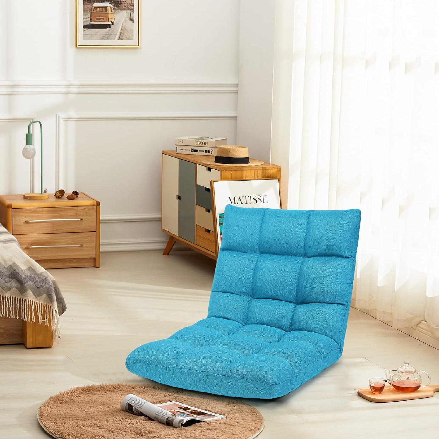 Giantex Adjustable Floor Gaming Sofa Chair w/14-Position, Cushioned Folding Lazy Reclinerw/High Resilience Sponge, Sleeper Bed Couch Recliner(Peacock Blue)