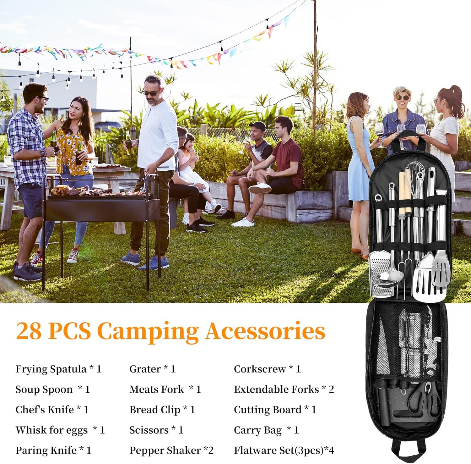 Camping Cooking Utensils Set, Stainless Steel Grill Tools, Camping BBQ Cookware Gear and Equipment for Travel Tenting RV Van Picnic Portable Kitchen Essentials Accessories