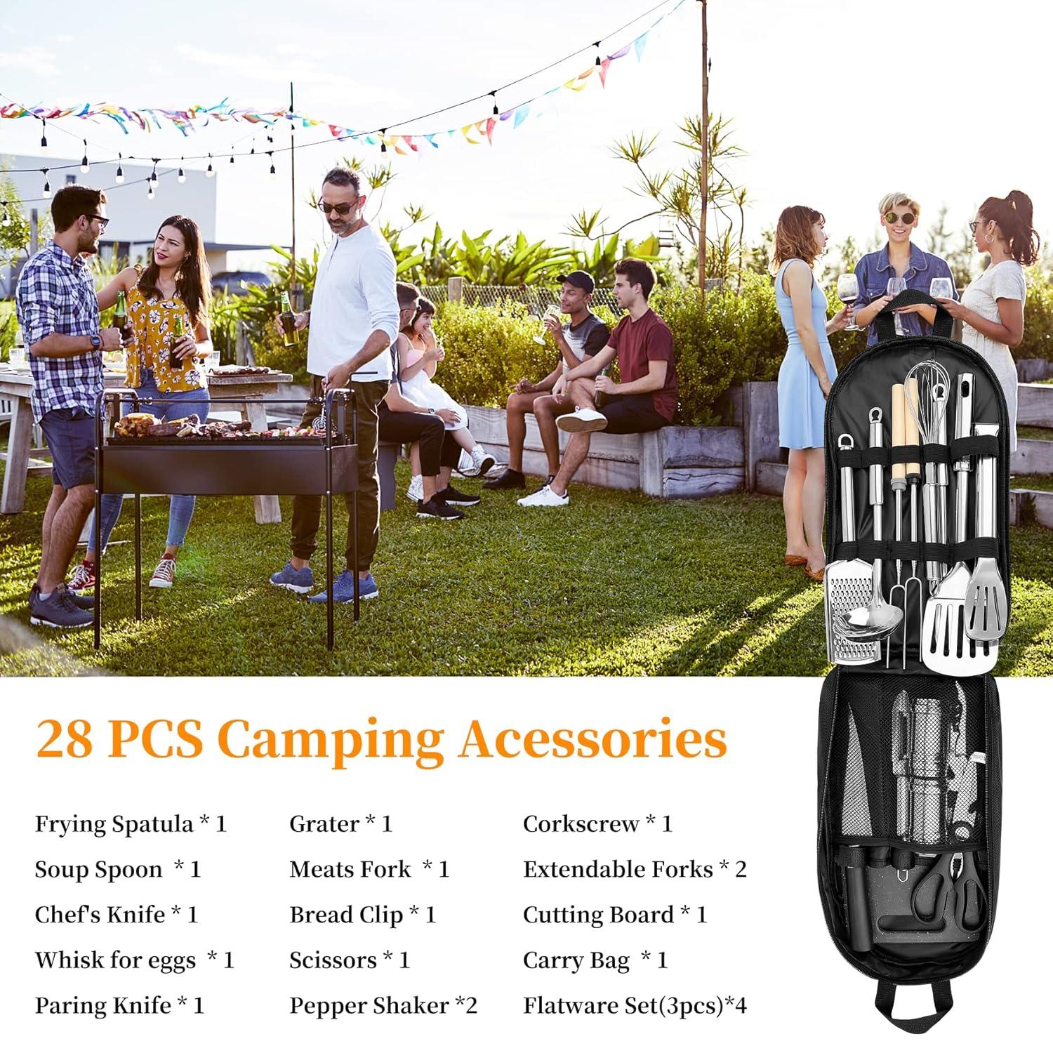 Camping Cooking Utensils Set, Stainless Steel Grill Tools, Camping BBQ Cookware Gear and Equipment for Travel Tenting RV Van Picnic Portable Kitchen Essentials Accessories