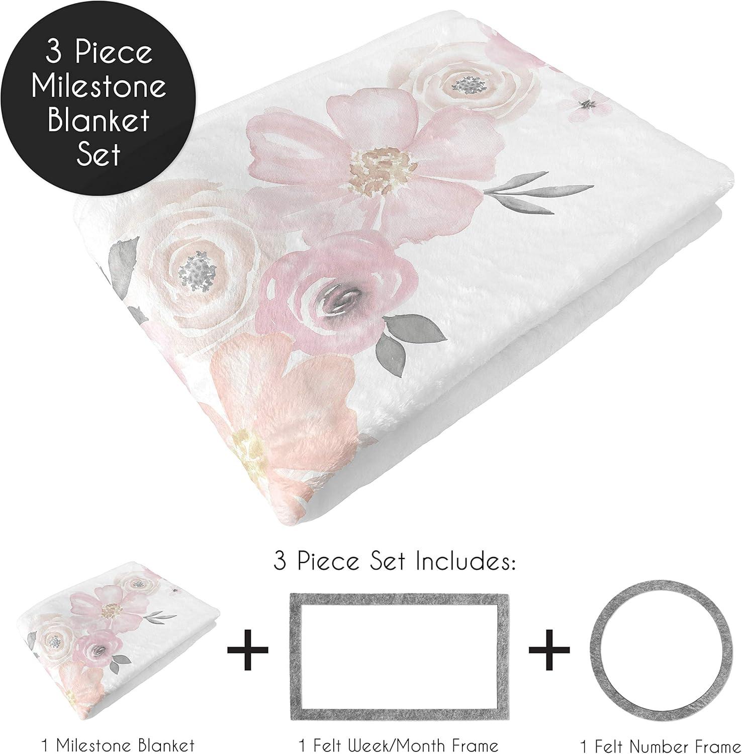 Sweet Jojo Designs Girl Baby Milestone Blanket Watercolor Floral Pink and Grey