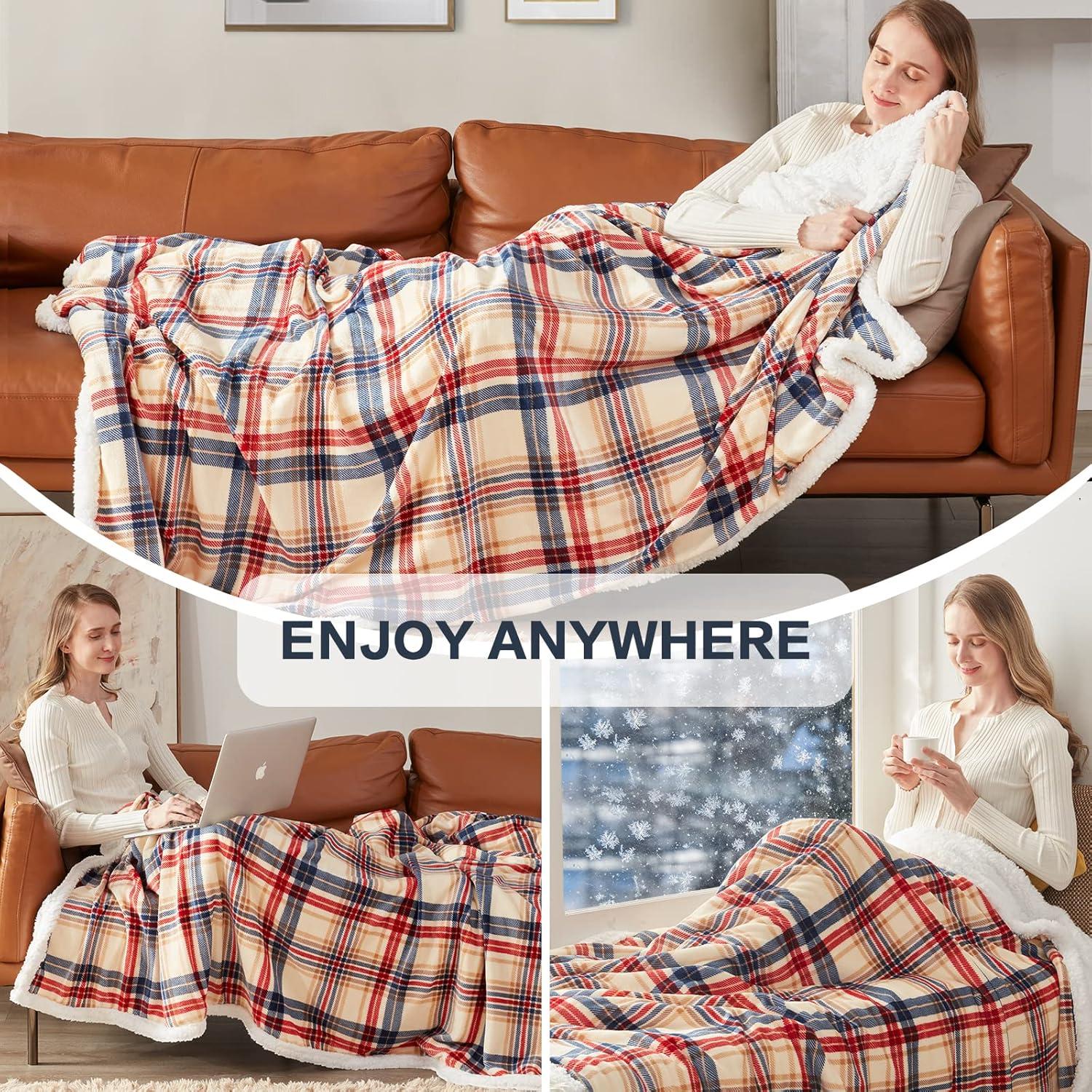 inhand Sherpa Throw Blanket Plaid Checkered Warm Blanket for Couch, Bed, Sofa Reversible Fluffy Flannel Fleece Blanket and Throw for Adults, Women, Men, Ideal for Christmas (Dark Red, 50”x 60”)