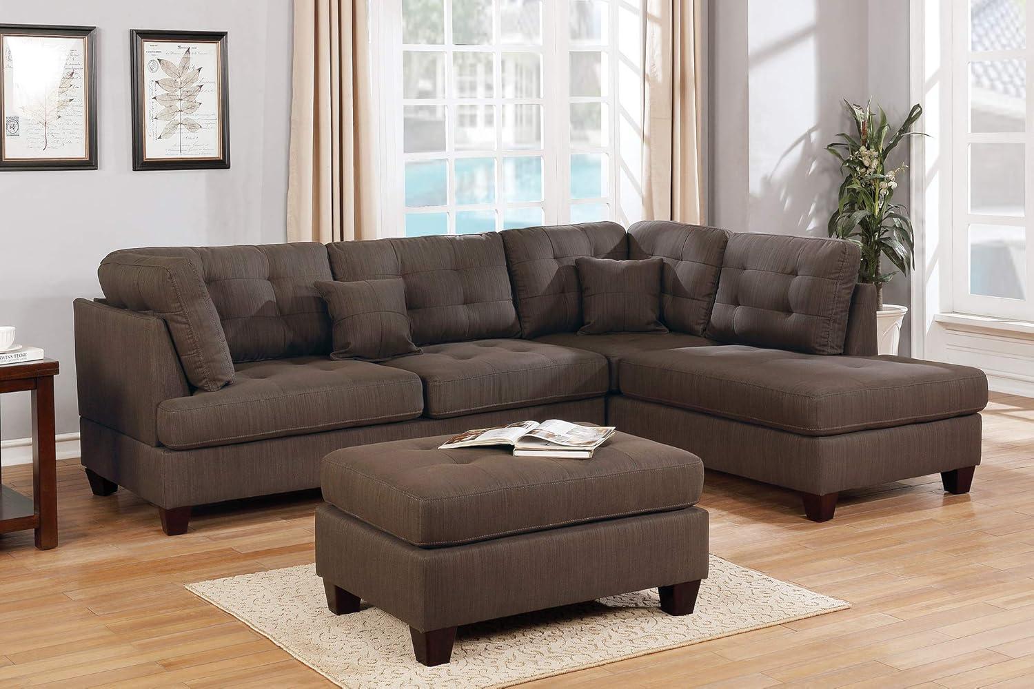 Black Coffee Tufted Fabric 3-Piece Sectional Sofa with Ottoman