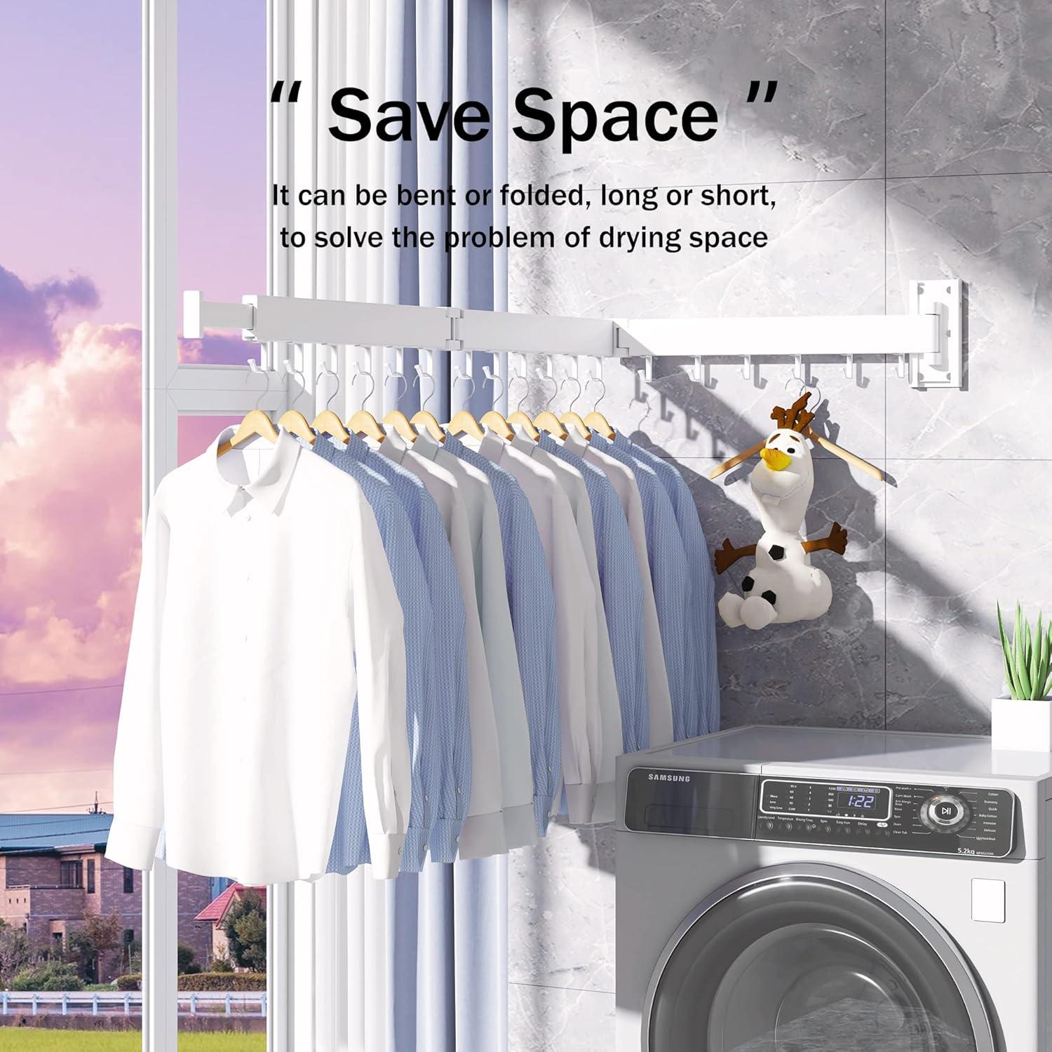 Dr.DJ Clothes Drying Rack for Laundry, Retractable Clothes Hanger Rack Wall Mounted Folding Indoor, Drying Rack, Space Saver Clothes Rack,Collapsible (Tri-Fold) with 18 J-Hooks Laundry Rack White