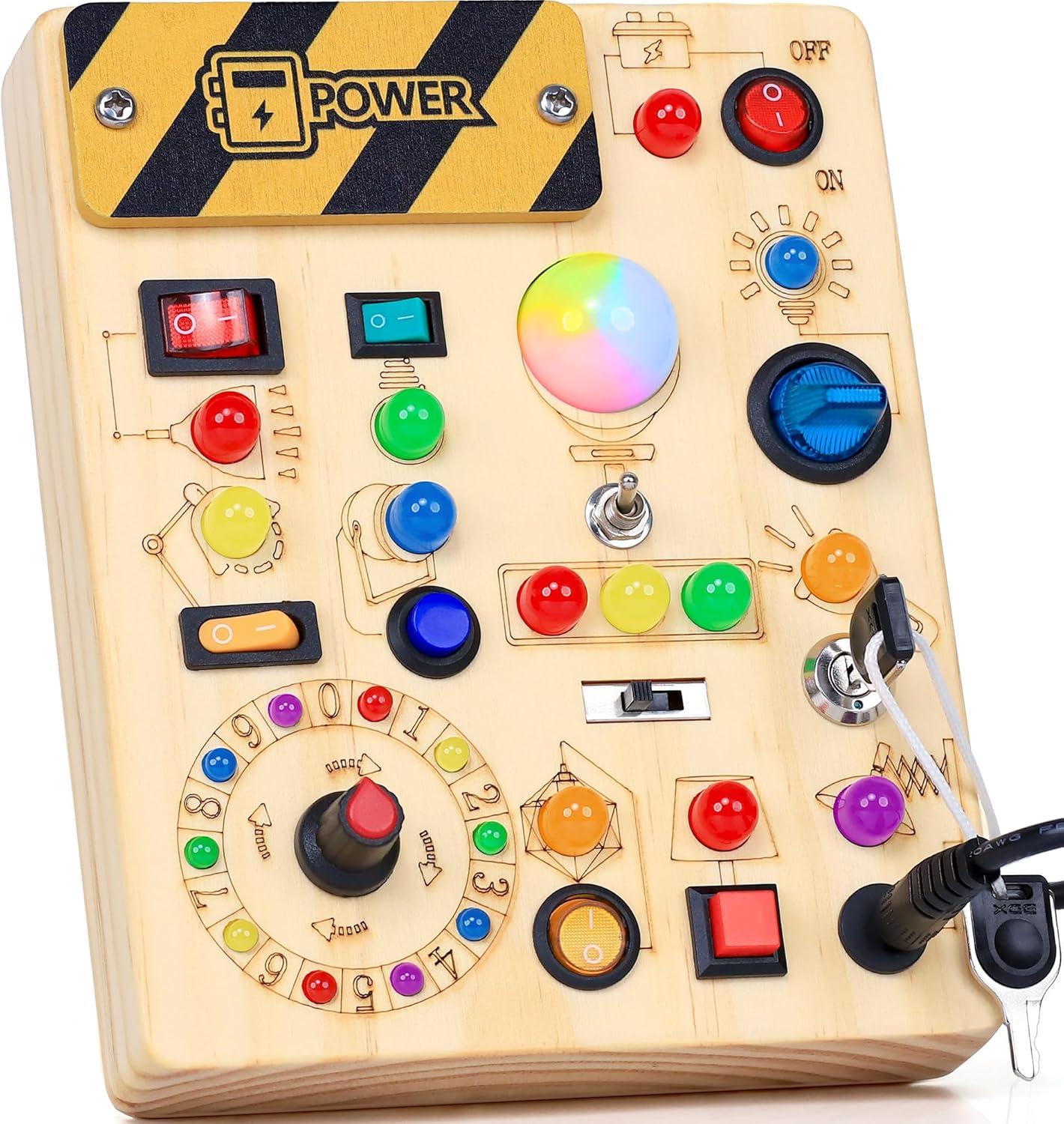 RichBoy Busy Board for 1-3 Year Old, LED Light Sensory Toys for Kids with Autism, Wooden Fine Motor Skills Montessori Toys, Toddlers Birthday Gift (Activity Sturdy, Well-Made)