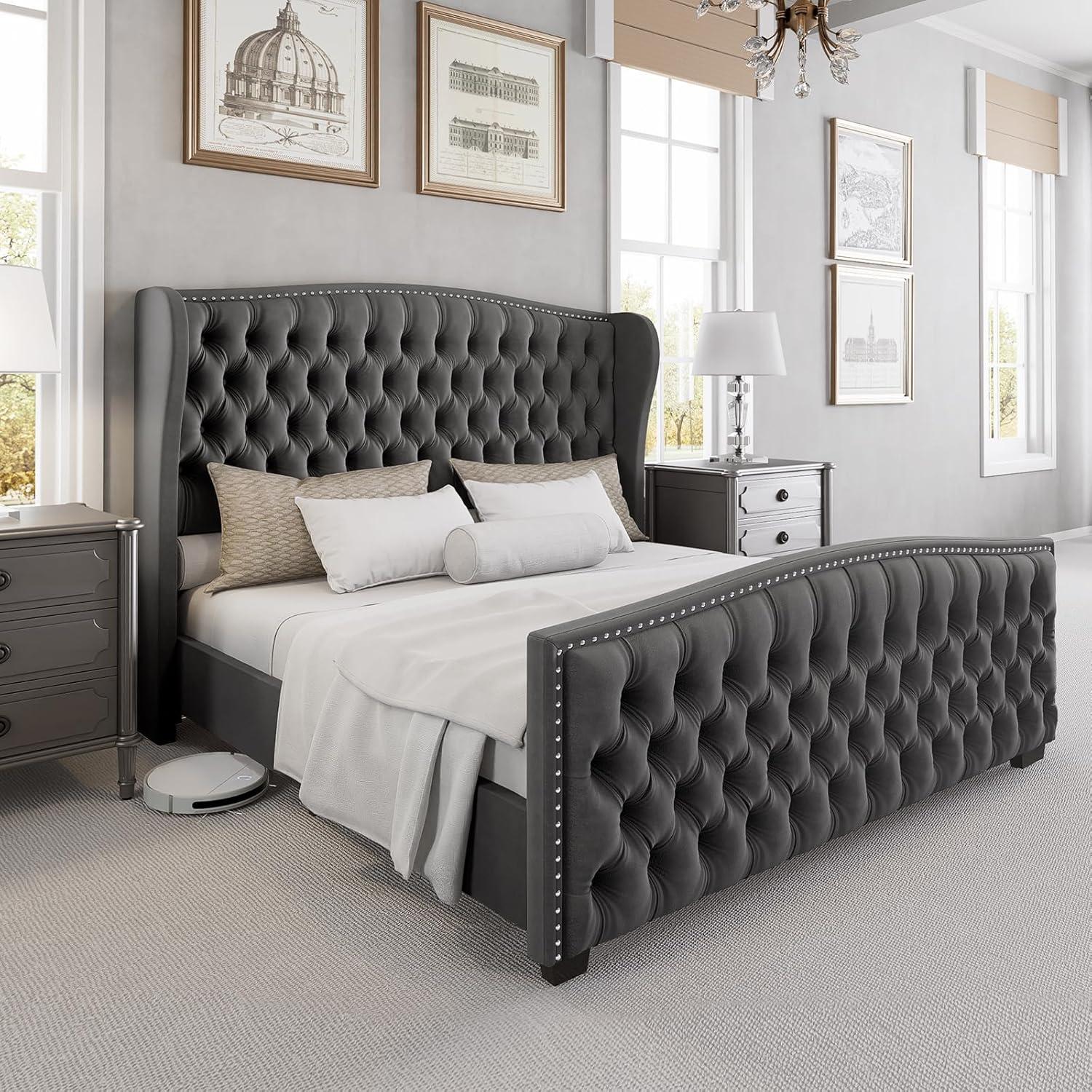 Queen Gray Velvet Upholstered Platform Bed with Tufted Headboard