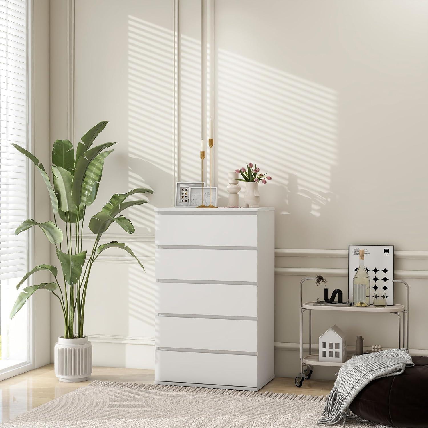 White Dresser for Bedroom with 5 Drawers, Tall Wood Drawer Dresser & Chest of Drawers for Closet, Living Room Hallway Kids Bedroom