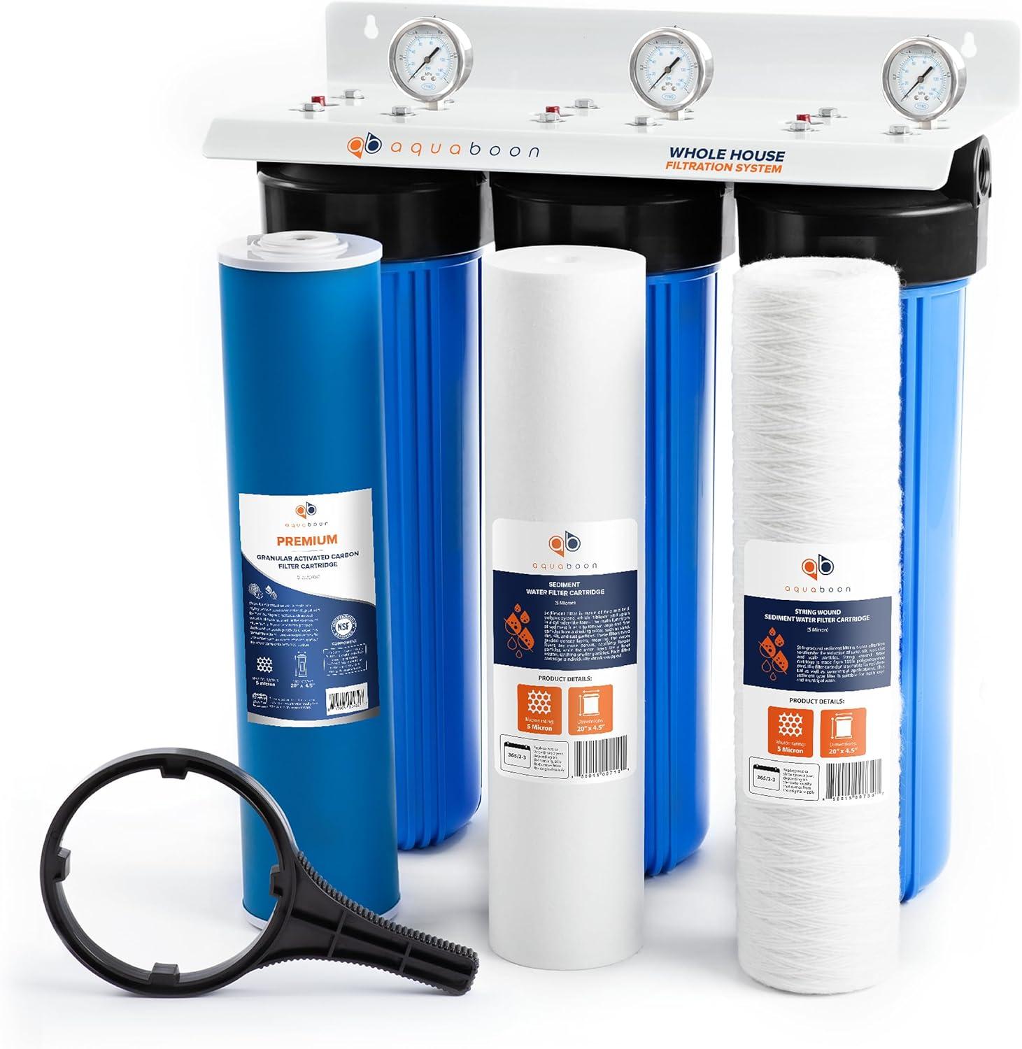 3-Stage 20" Whole House Filtration System by Aquaboon+Housing Bracket+Pressure Gauges+GAC Filter+Sediment+String Wound Sediment Filter Cartridges