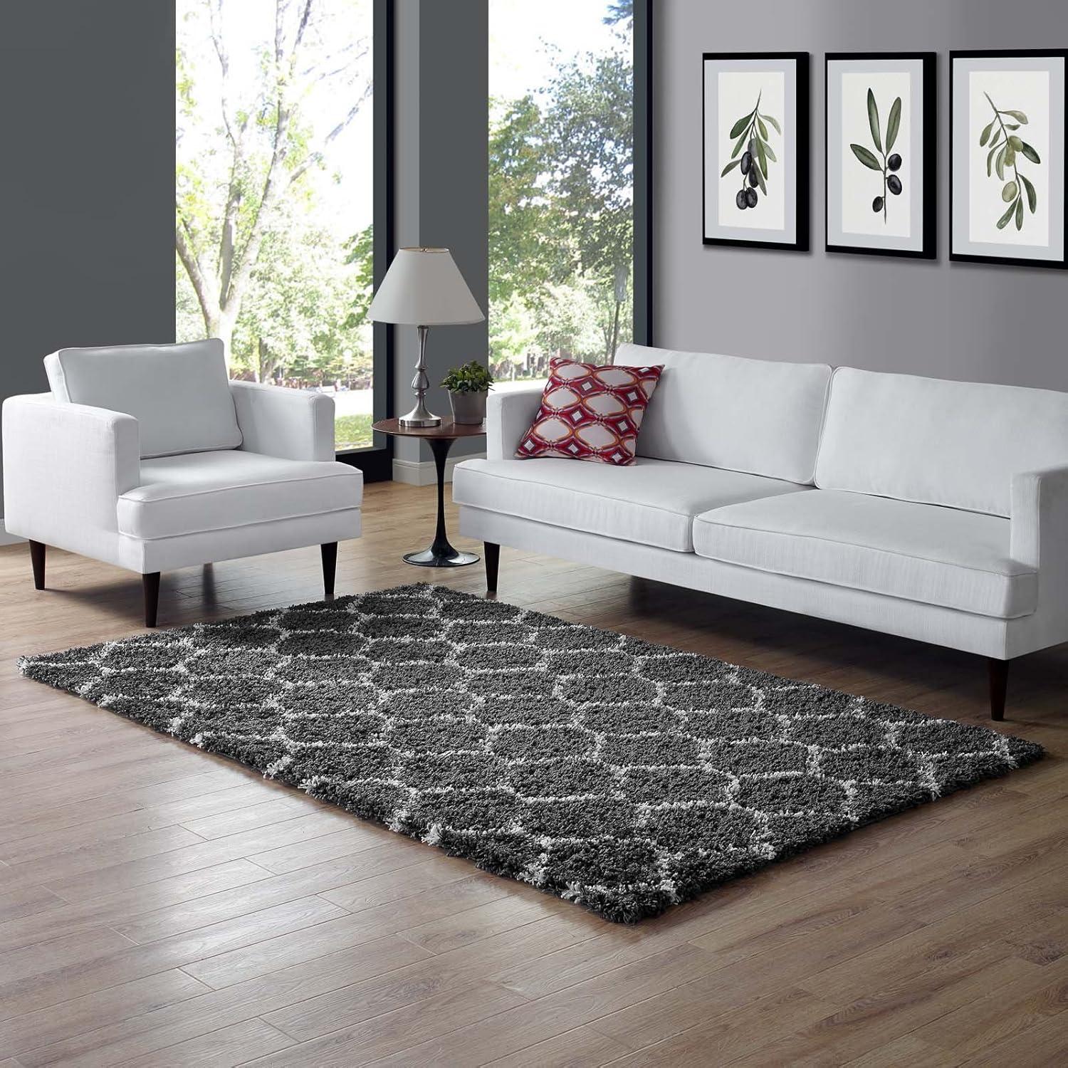 Dark Gray and Ivory Moroccan Trellis Shag Area Rug