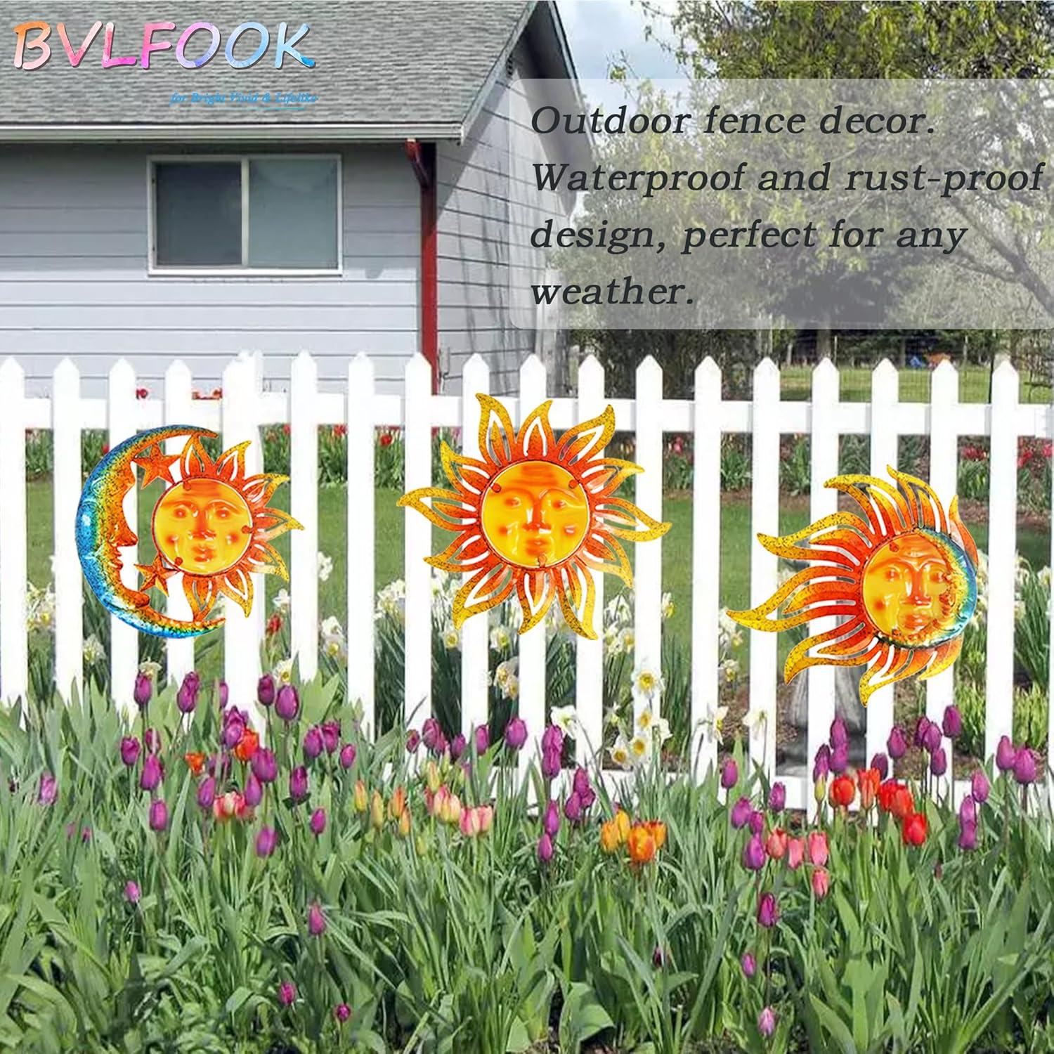 BVLFOOK Sun Face Metal Wall Art Decor Outdoor Indoor, Sun Moon Star, Metal & Glass Hanging Wall Patio Decorations for Outdoor Living Room Bedroom Garden Porch Fence Balcony, Set of 3, 9 inch Large