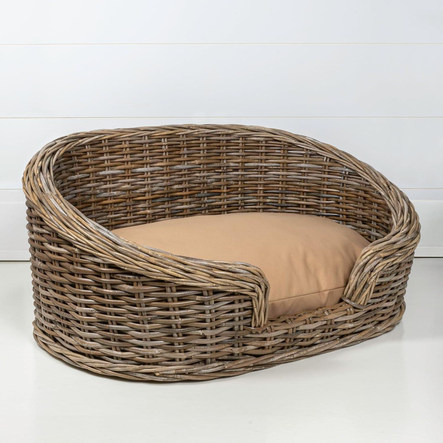 THE LICKER STORE Curvy 33" x 21.25" Classic Handwoven Rattan Dog Bed with Machine-Washable Cushion, Kubu Gray
